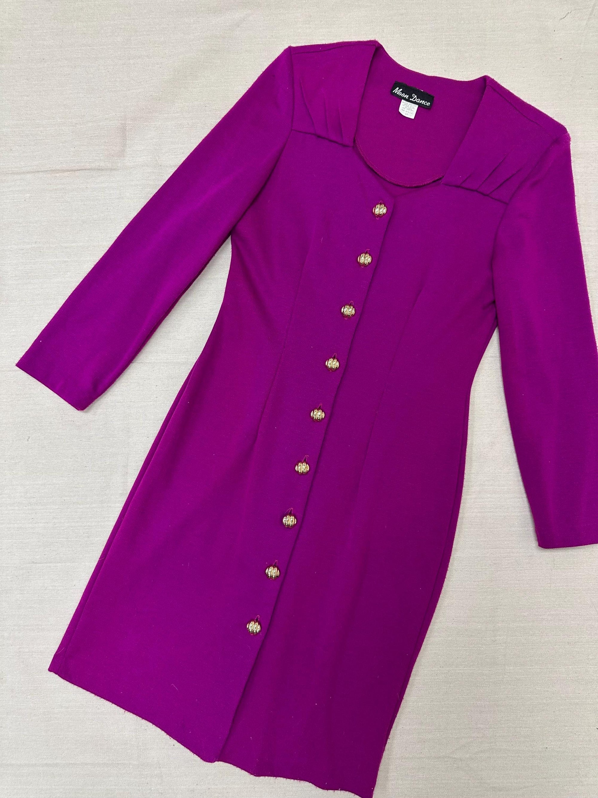 Vintage 80s Magenta Gold Button Up Bodycon Long Sleeve Dress | Size Large