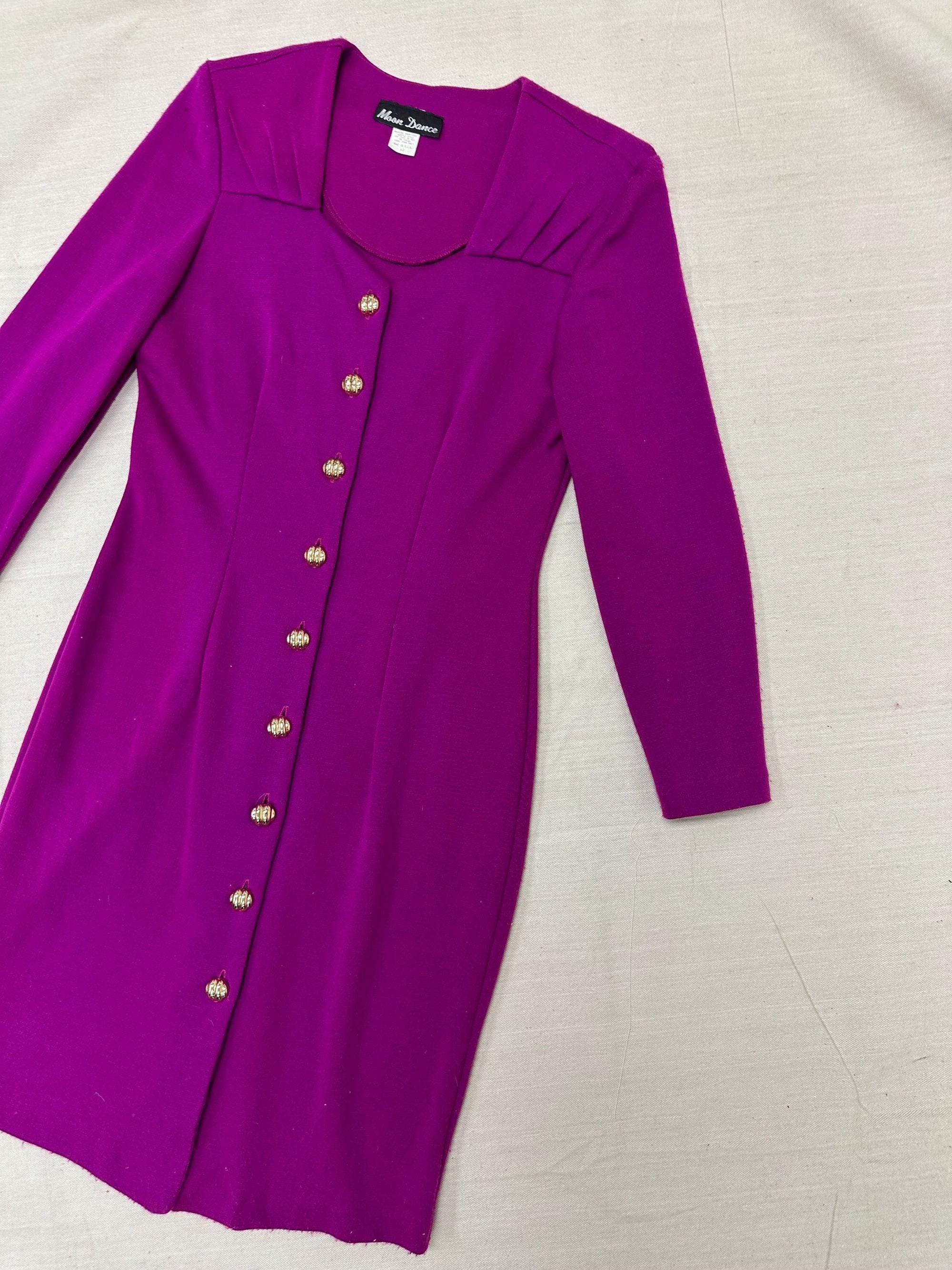 Vintage 80s Magenta Gold Button Up Bodycon Long Sleeve Dress | Size Large