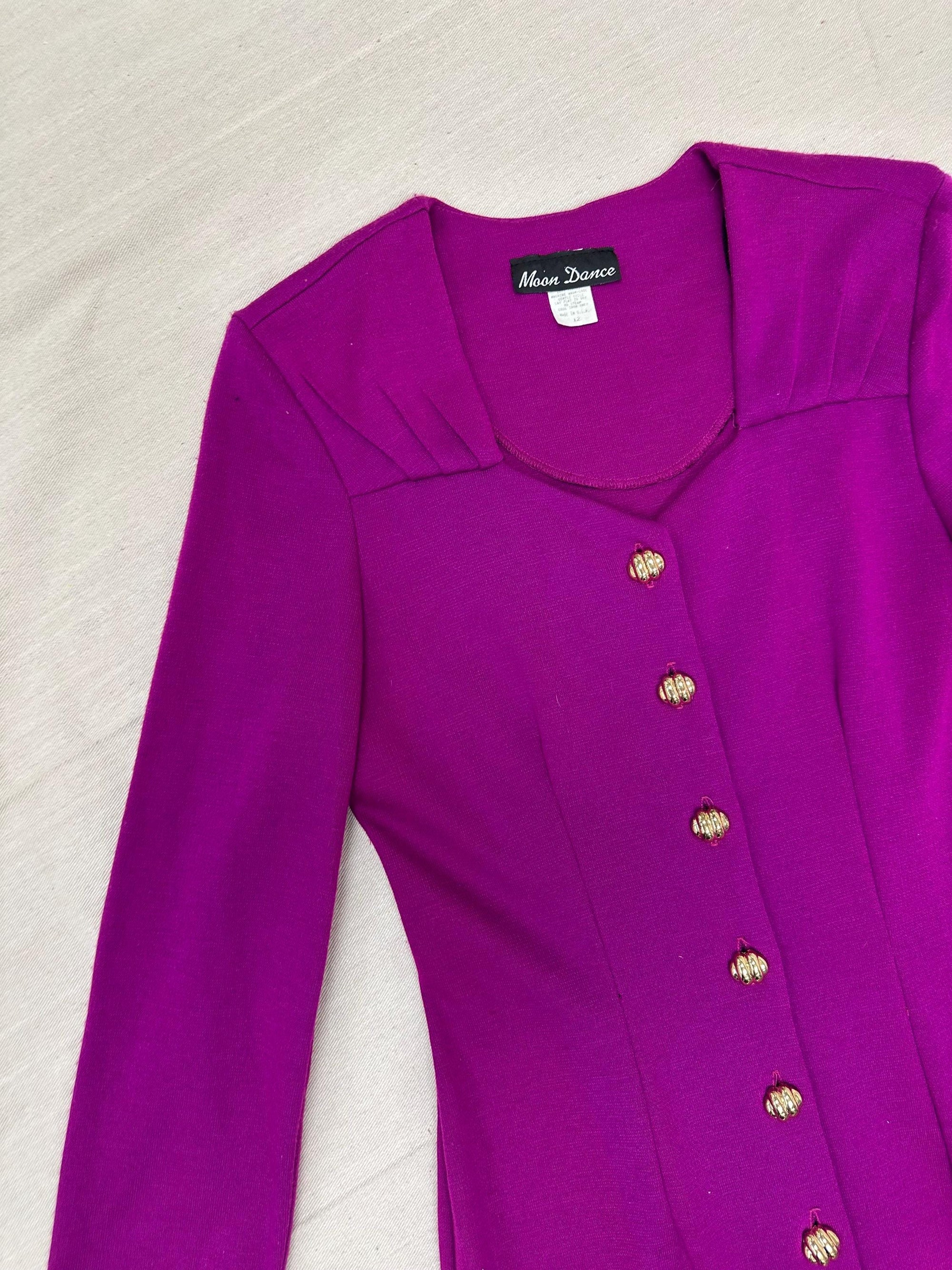 Vintage 80s Magenta Gold Button Up Bodycon Long Sleeve Dress | Size Large