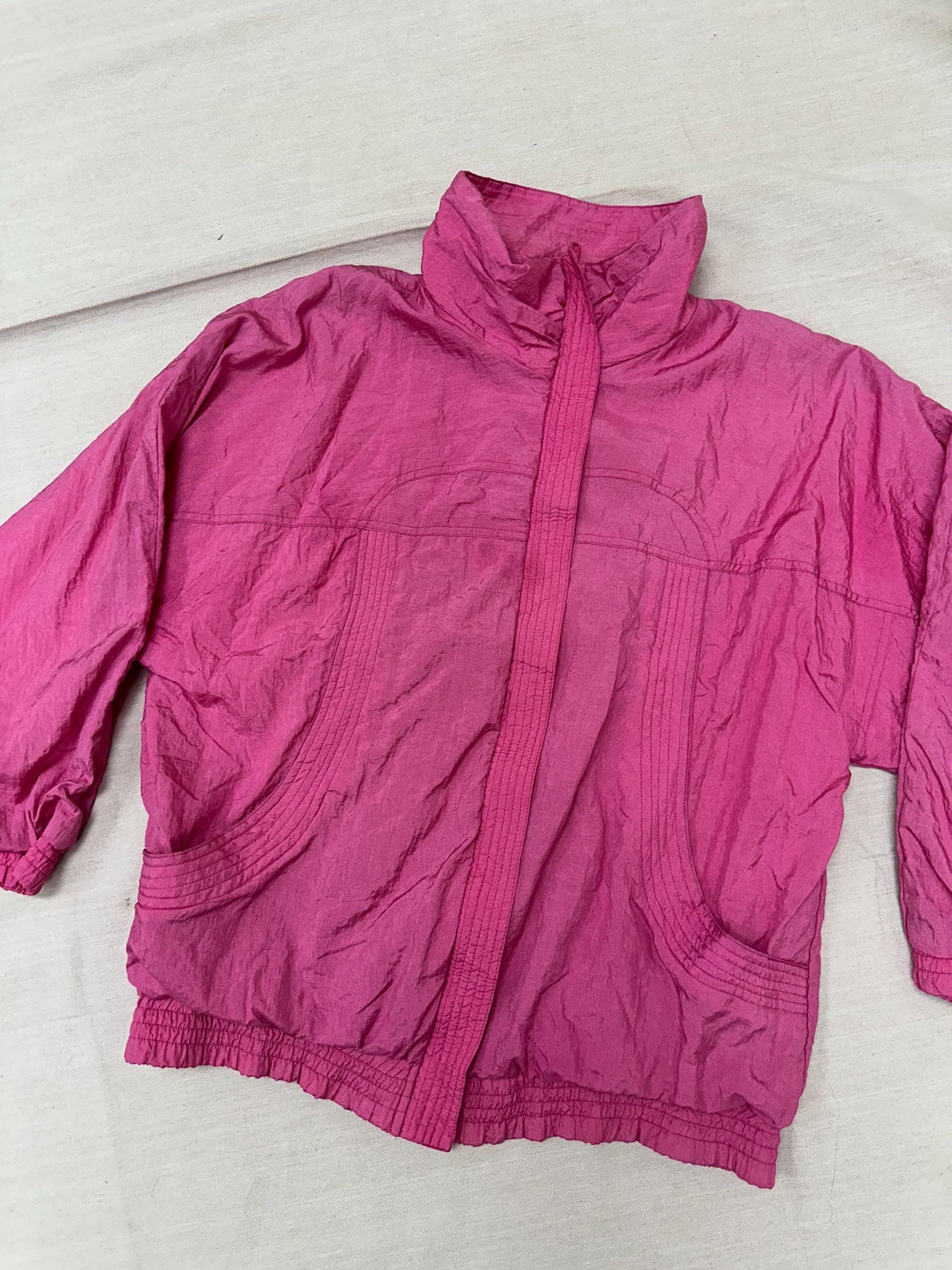 Vintage 80s Neon Pink Lightweight Retro Zip Up Rain Jacket | Size Medium