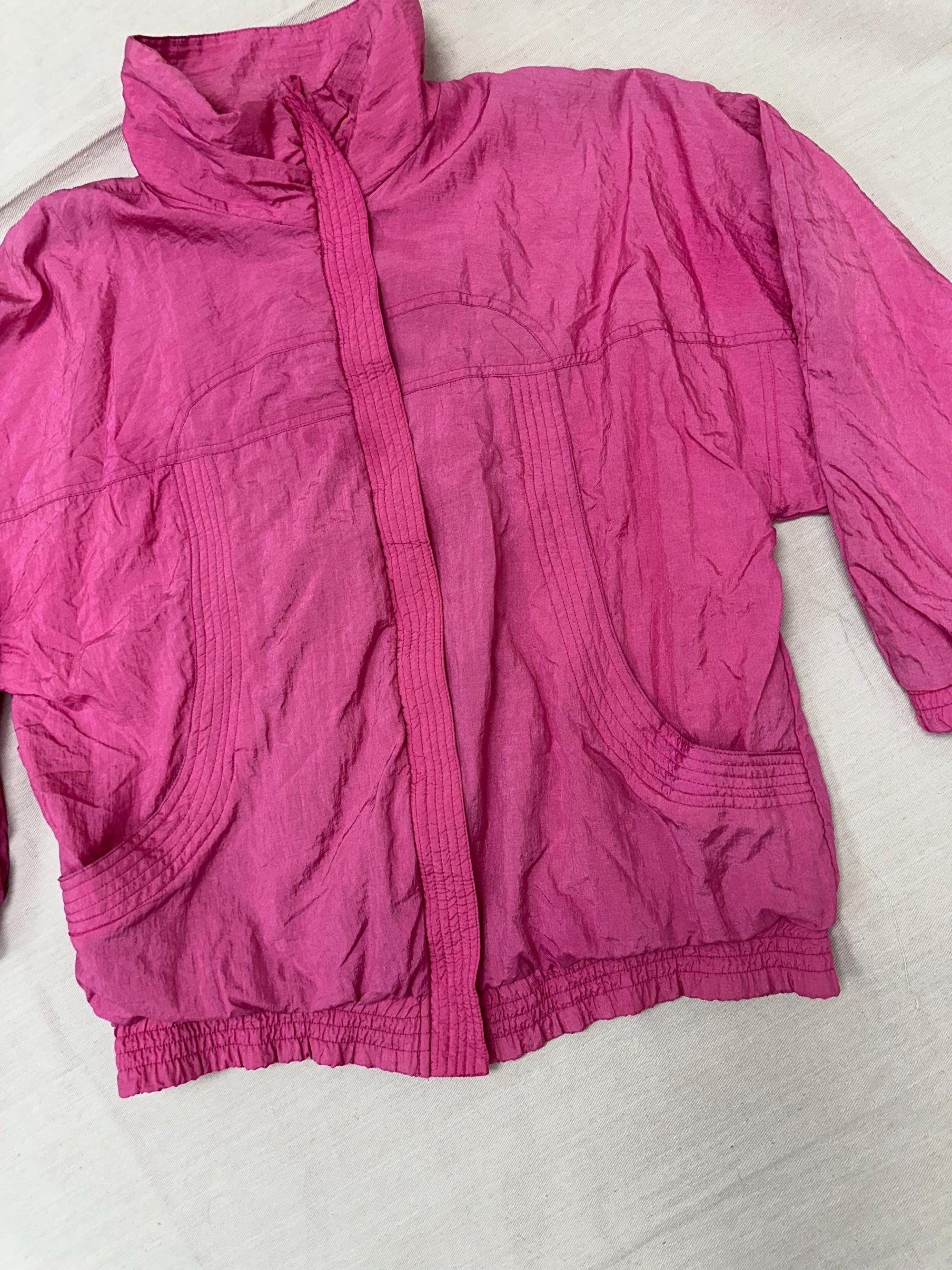Vintage 80s Neon Pink Lightweight Retro Zip Up Rain Jacket | Size Medium