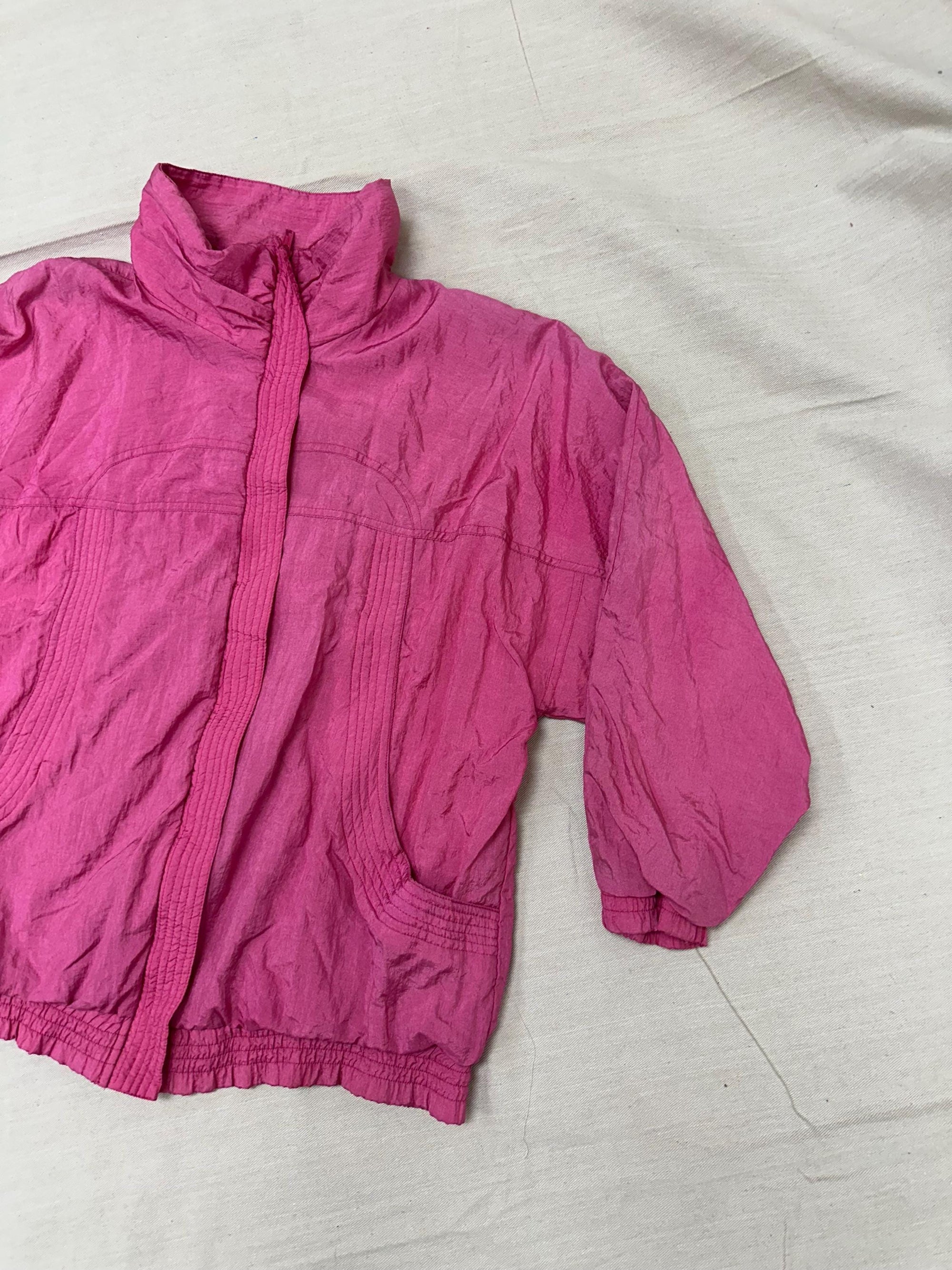 Vintage 80s Neon Pink Lightweight Retro Zip Up Rain Jacket | Size Medium