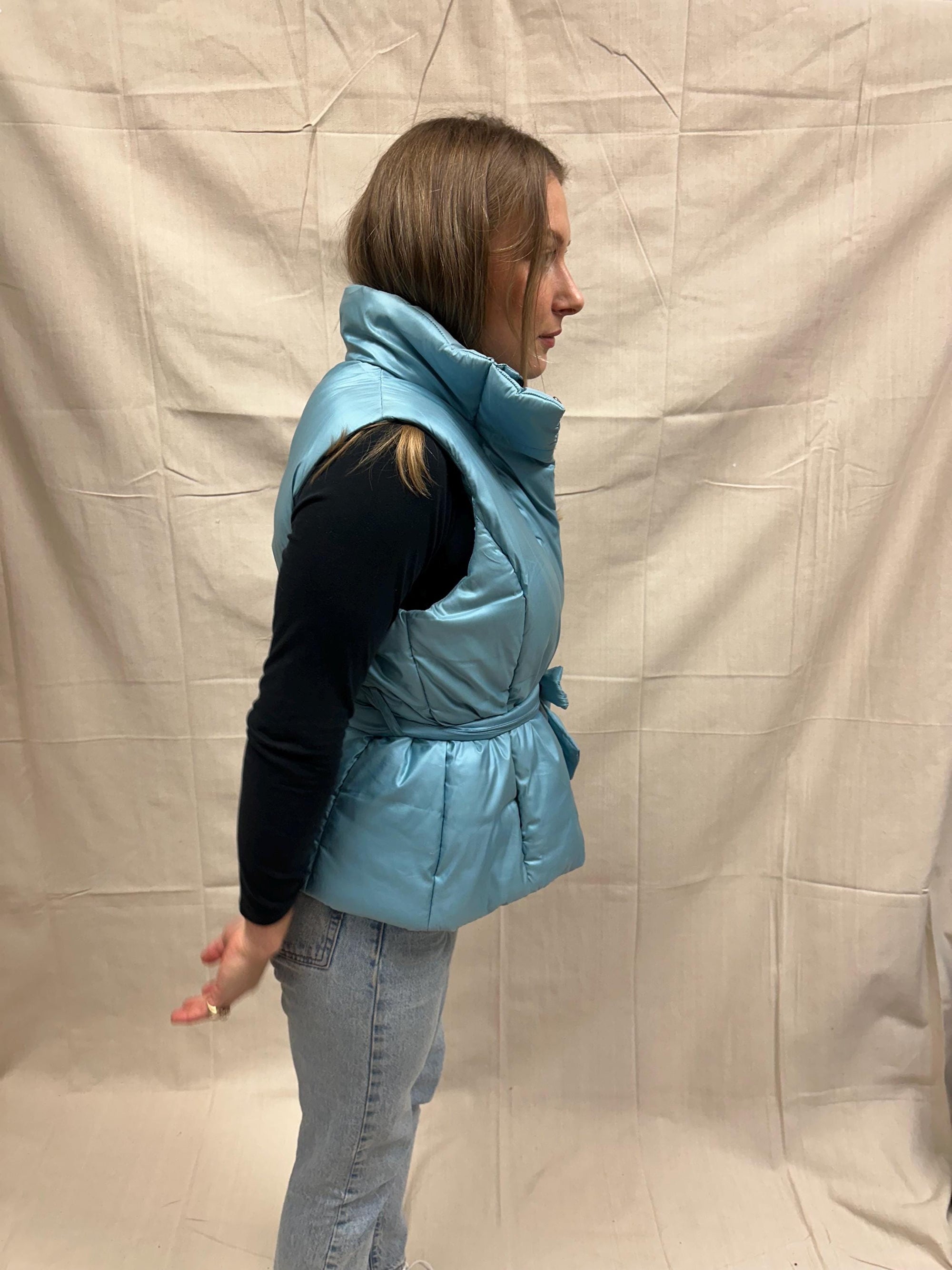 Vintage Merona Baby Blue Shimmer Puffer Vest Fitted Tie Waist High Neck Outerwear | Size Large