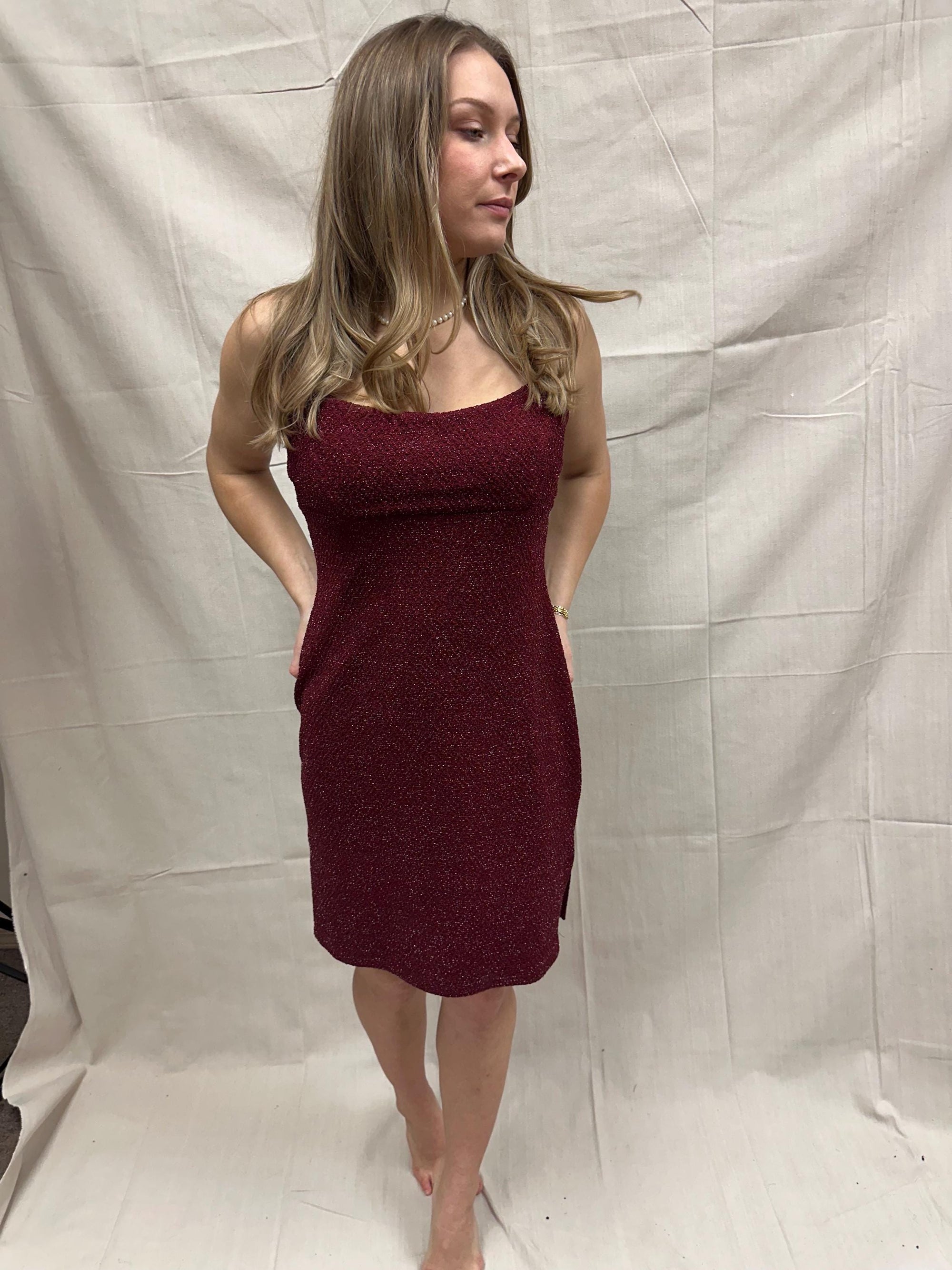 Vintage 90s Sparkly Strechy Burgundy Red Spaghetti Strap Dress | Size Large
