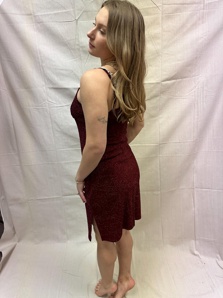 Vintage 90s Sparkly Strechy Burgundy Red Spaghetti Strap Dress | Size Large