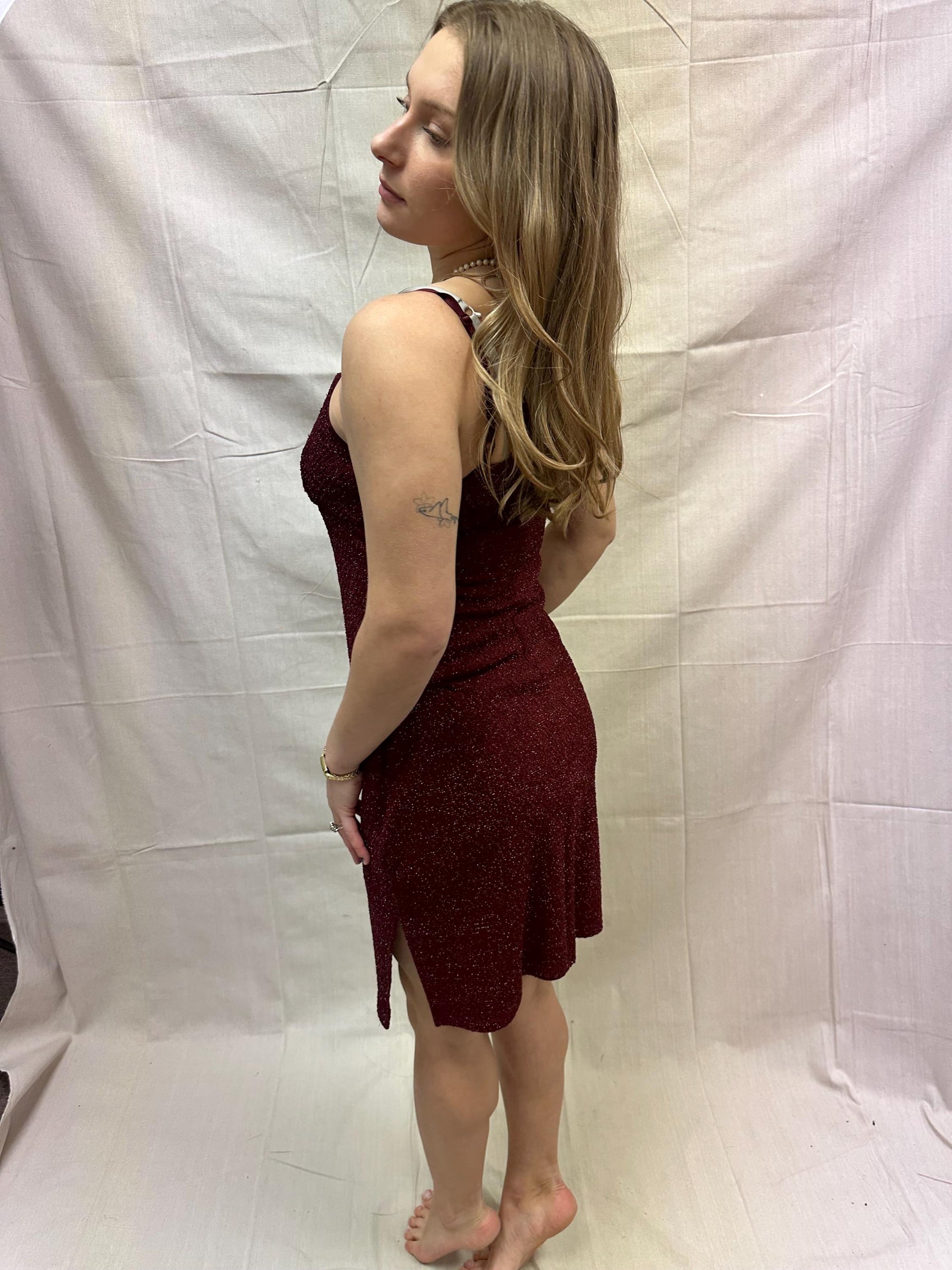 Vintage 90s Sparkly Strechy Burgundy Red Spaghetti Strap Dress | Size Large