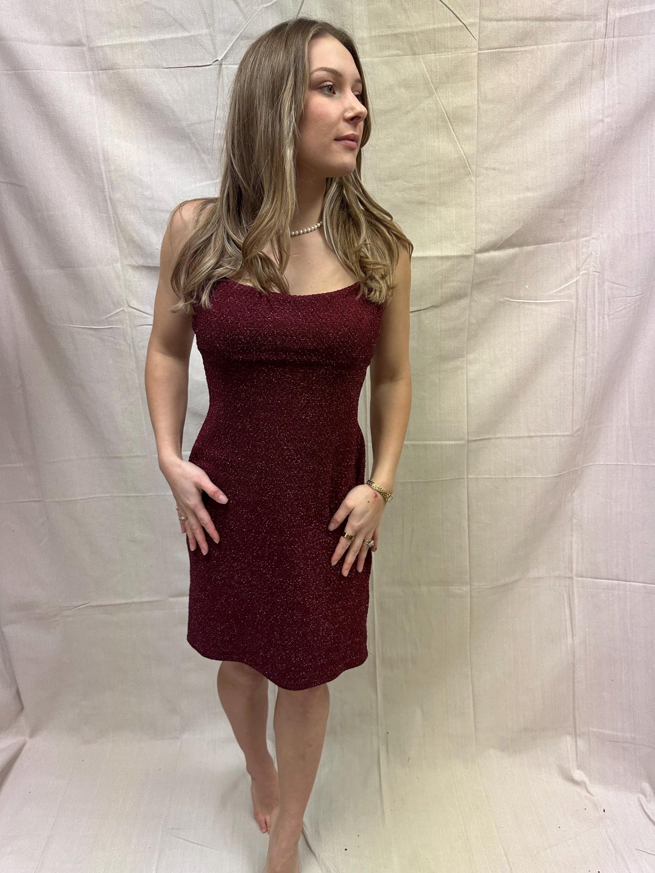 Vintage 90s Sparkly Strechy Burgundy Red Spaghetti Strap Dress