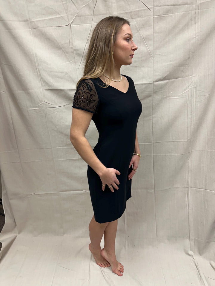 Vintage 90s David Warren NY Little Black Dress with Black Beaded Cap Sleeve Detail | Ladies Size 6
