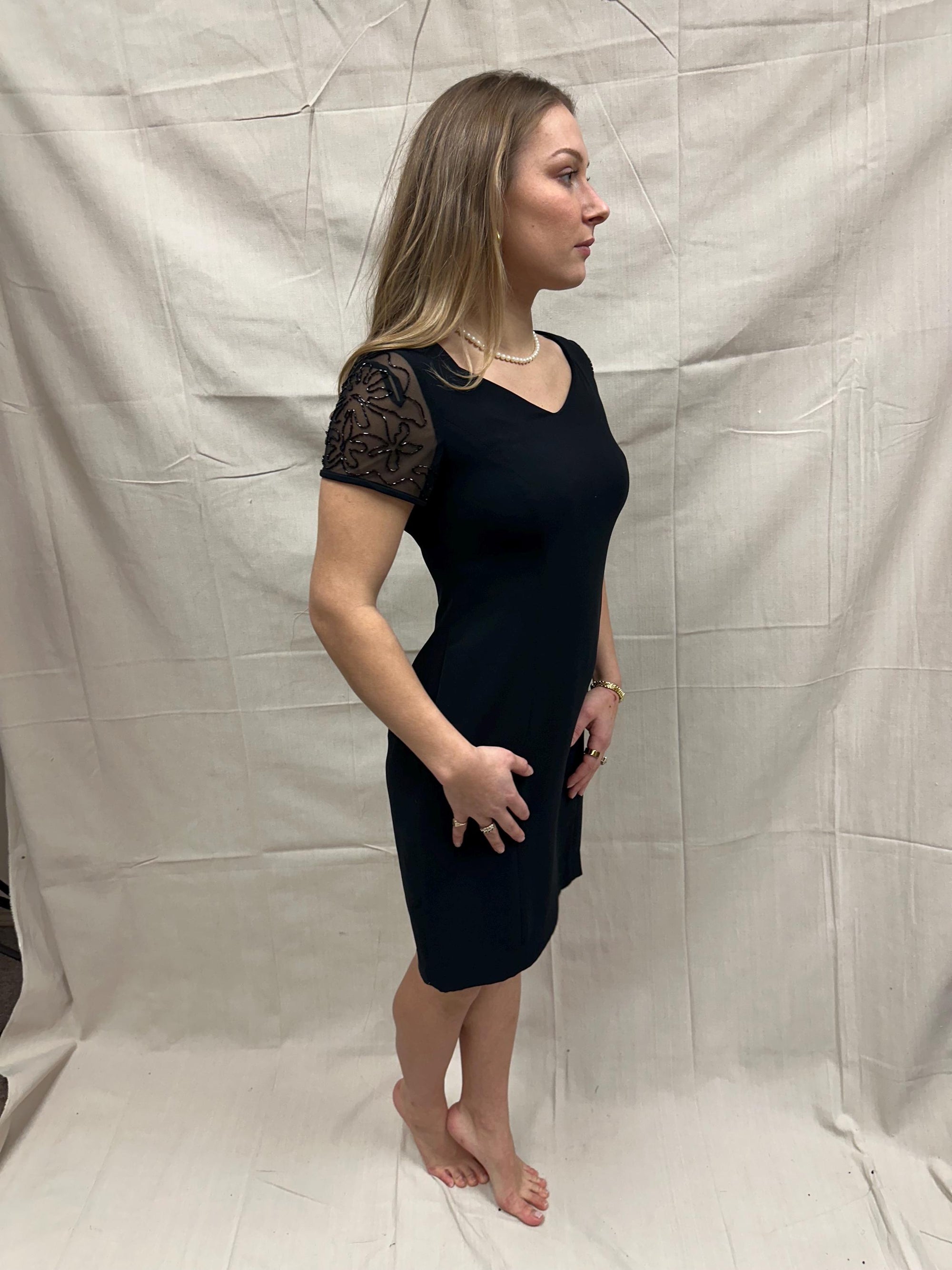 Vintage 90s David Warren NY Little Black Dress with Black Beaded Cap Sleeve Detail | Ladies Size 6