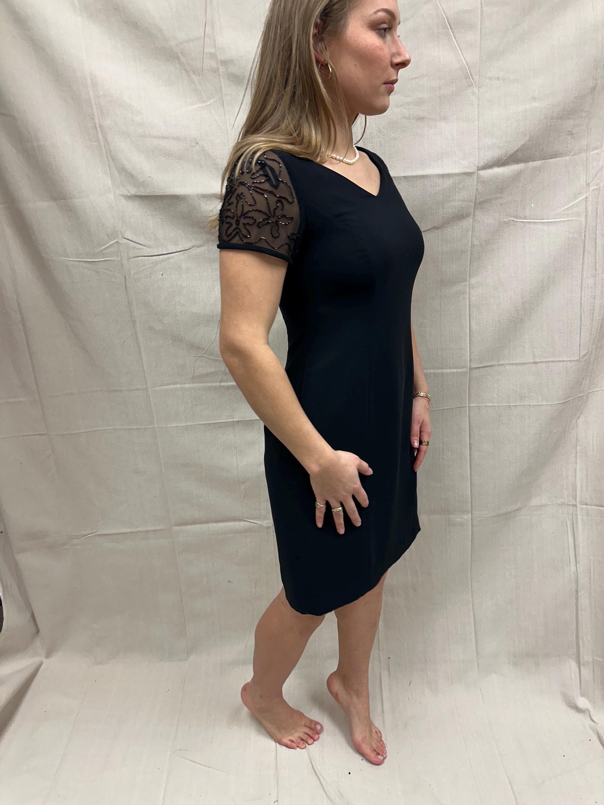 Vintage 90s David Warren NY Little Black Dress with Black Beaded Cap Sleeve Detail | Ladies Size 6