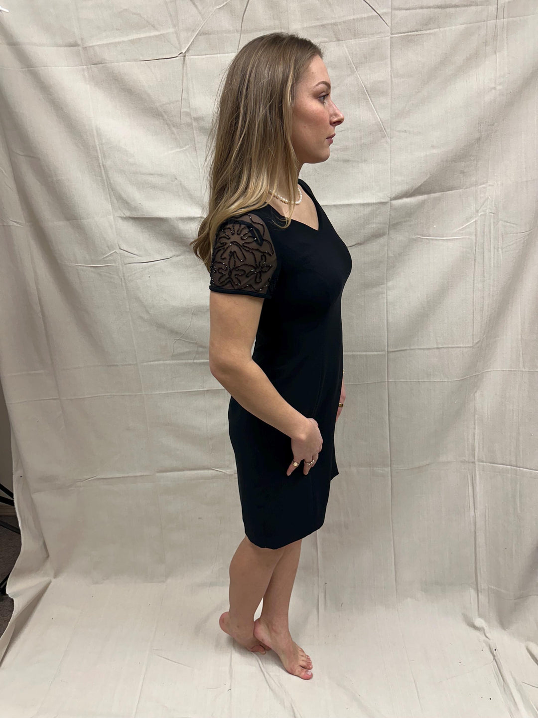 Vintage 90s David Warren NY Little Black Dress with Black Beaded Cap Sleeve Detail | Ladies Size 6