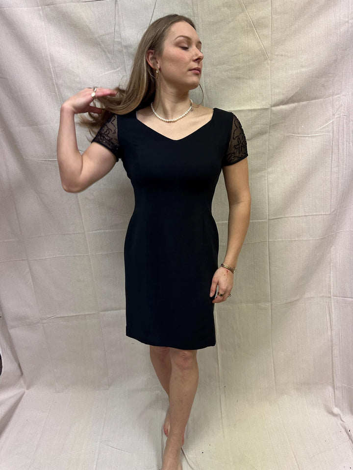 Vintage 90s David Warren NY Little Black Dress with Black Beaded Cap Sleeve Detail | Ladies Size 6