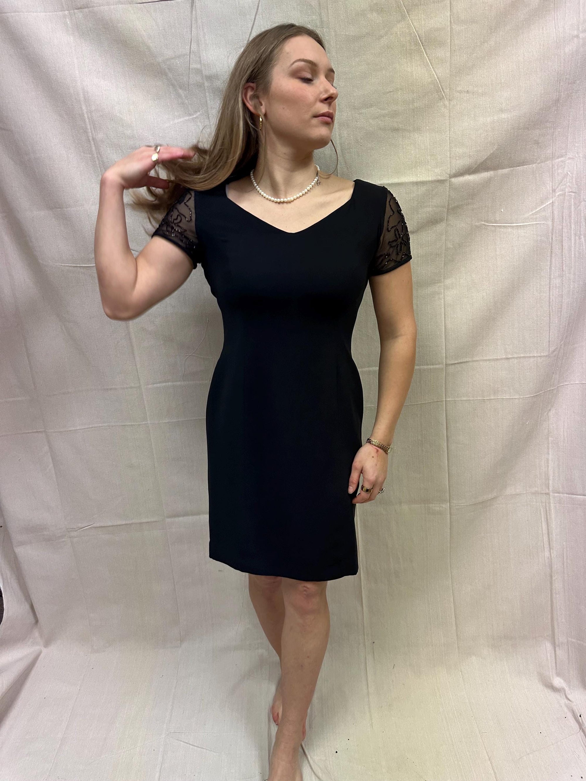 Vintage 90s David Warren NY Little Black Dress with Black Beaded Cap Sleeve Detail | Ladies Size 6