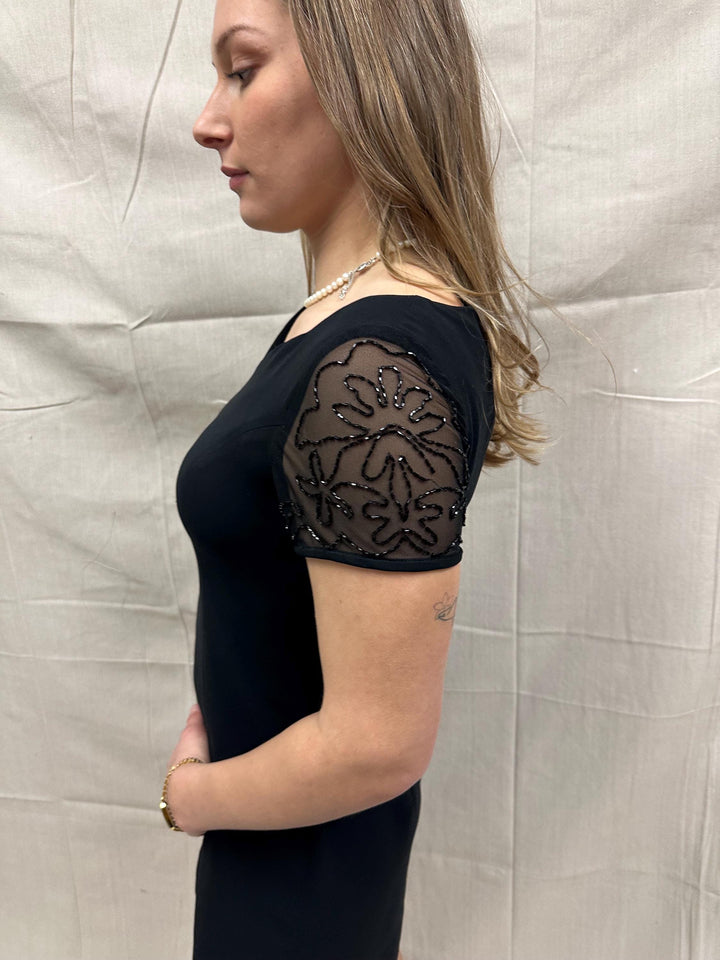 Vintage 90s David Warren NY Little Black Dress with Black Beaded Cap Sleeve Detail | Ladies Size 6