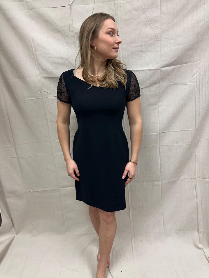 Vintage 90s David Warren NY Little Black Dress with Black Beaded Cap Sleeve Detail | Ladies Size 6