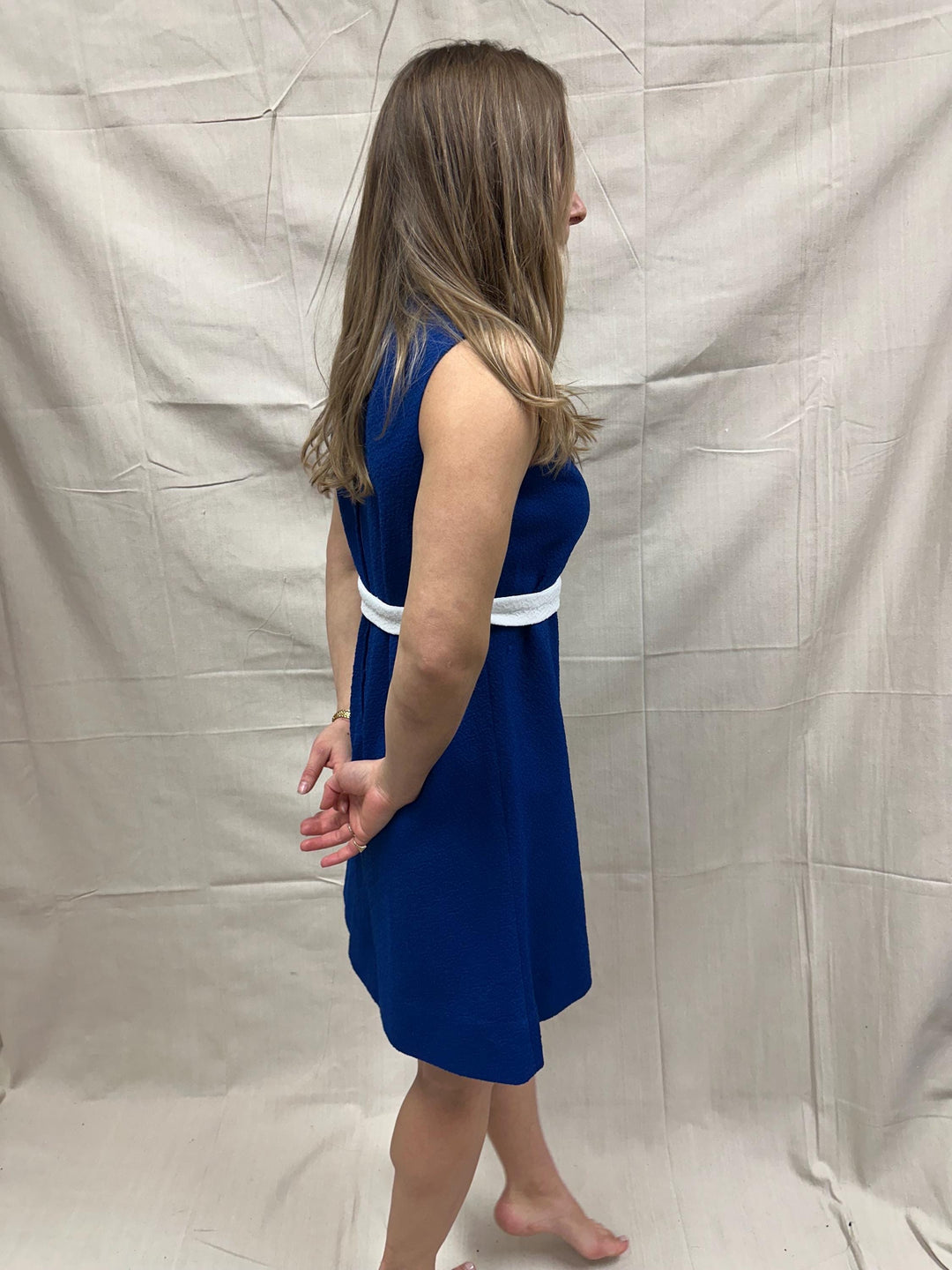 Vintage 1960s Blue Mod Mini Dress with White Trim | Size 6