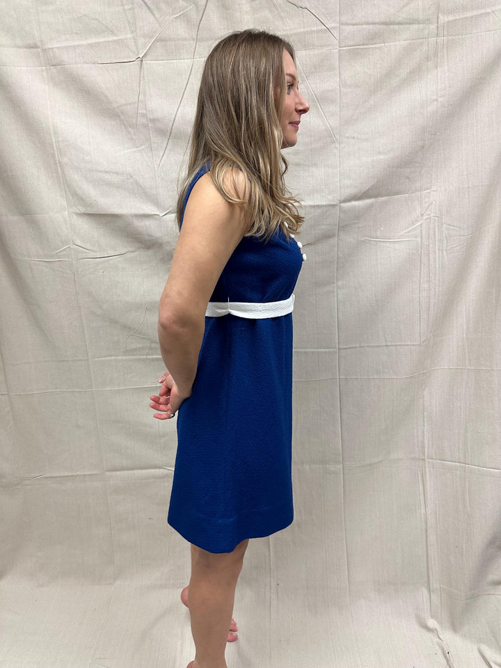 Vintage 1960s Blue Mod Mini Dress with White Trim | Size 6