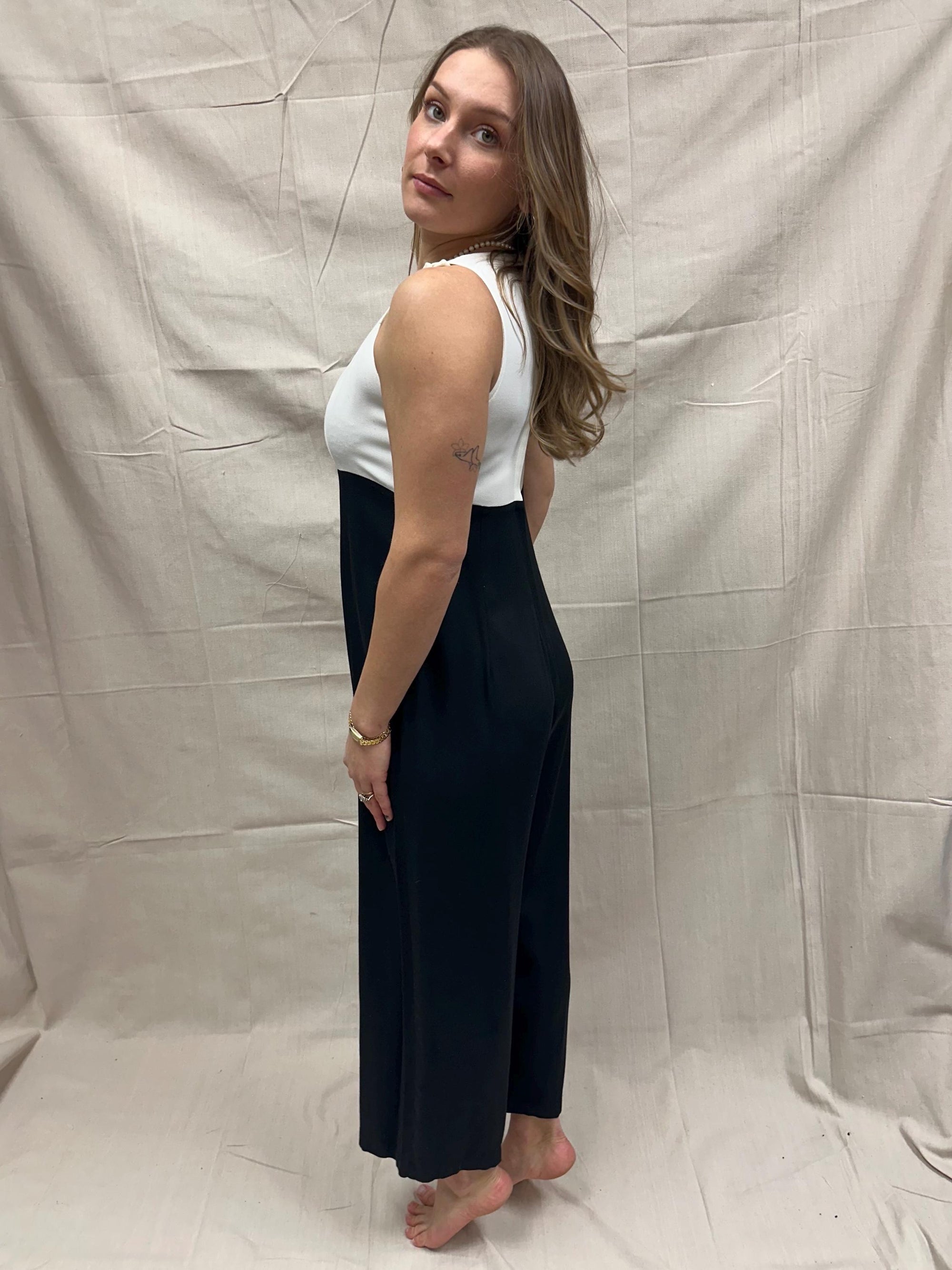 Vintage 90s Color Block White and Navy Wideleg Sleeveless Jumpsuit | Size 8 | Made in Canada