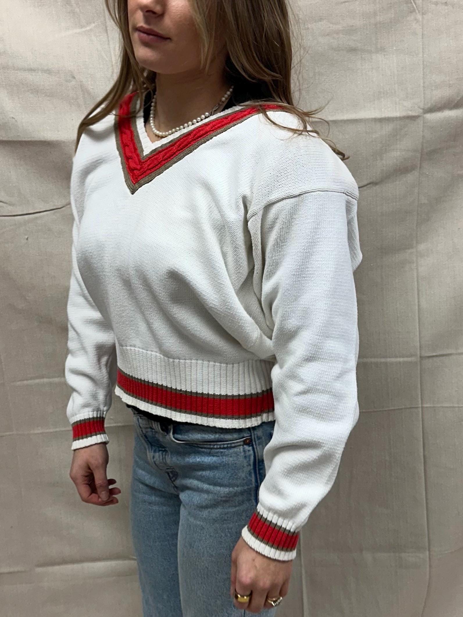 Vintage 80s White V Neck Cotton Sweater With Red Trim Detail | Size L 14-16