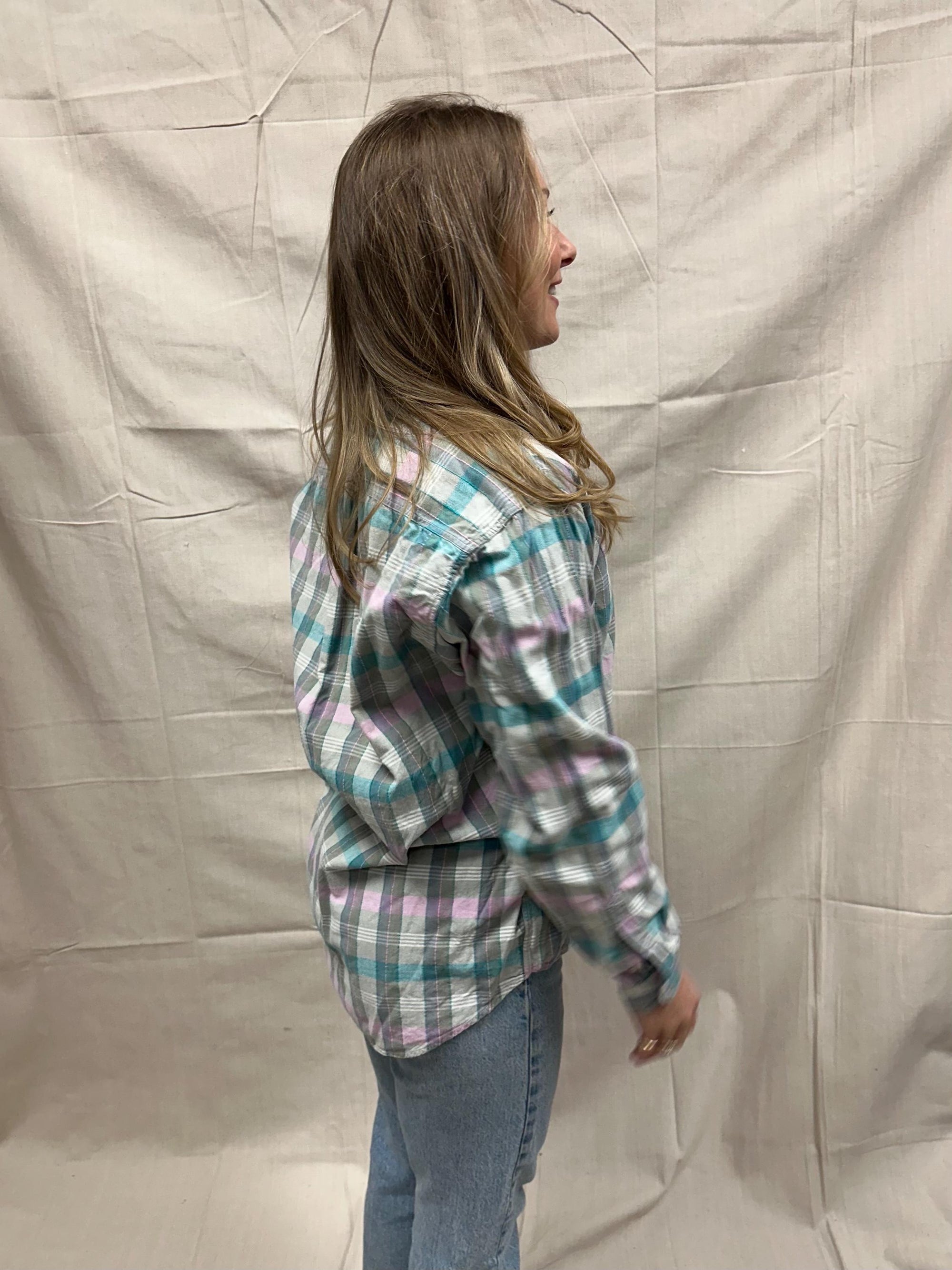 Vintage 80s Pastel Cotton Plaid Button Up | Size Large
