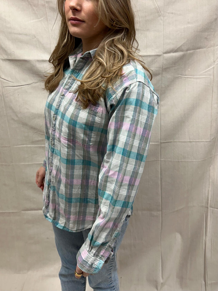 Vintage 80s Pastel Cotton Plaid Button Up | Size Large