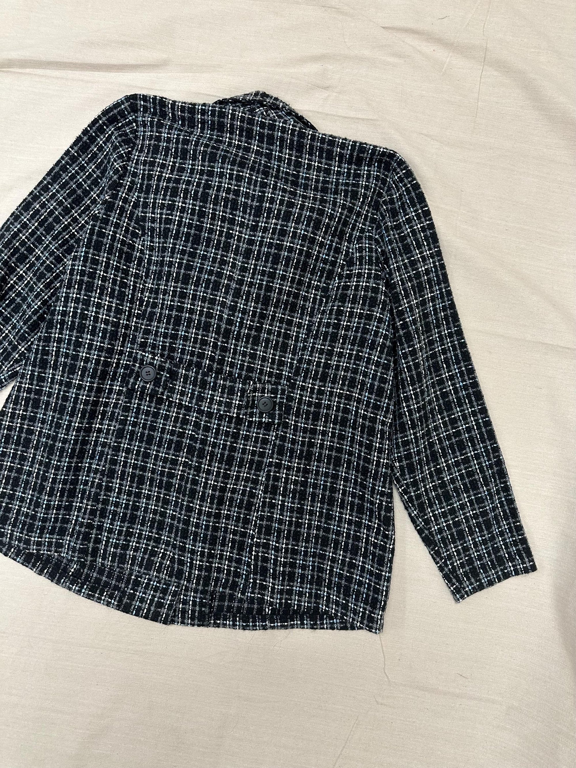 Vintage 90s Black Blue Gray Plaid Blazer | Size XL