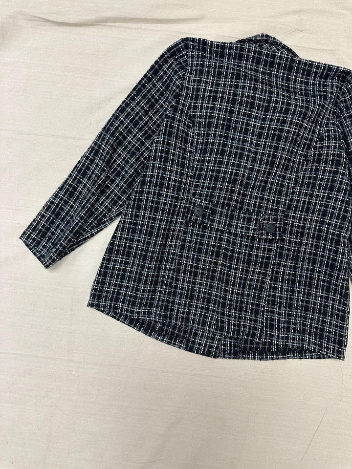 Vintage 90s Black Blue Gray Plaid Blazer | Size XL