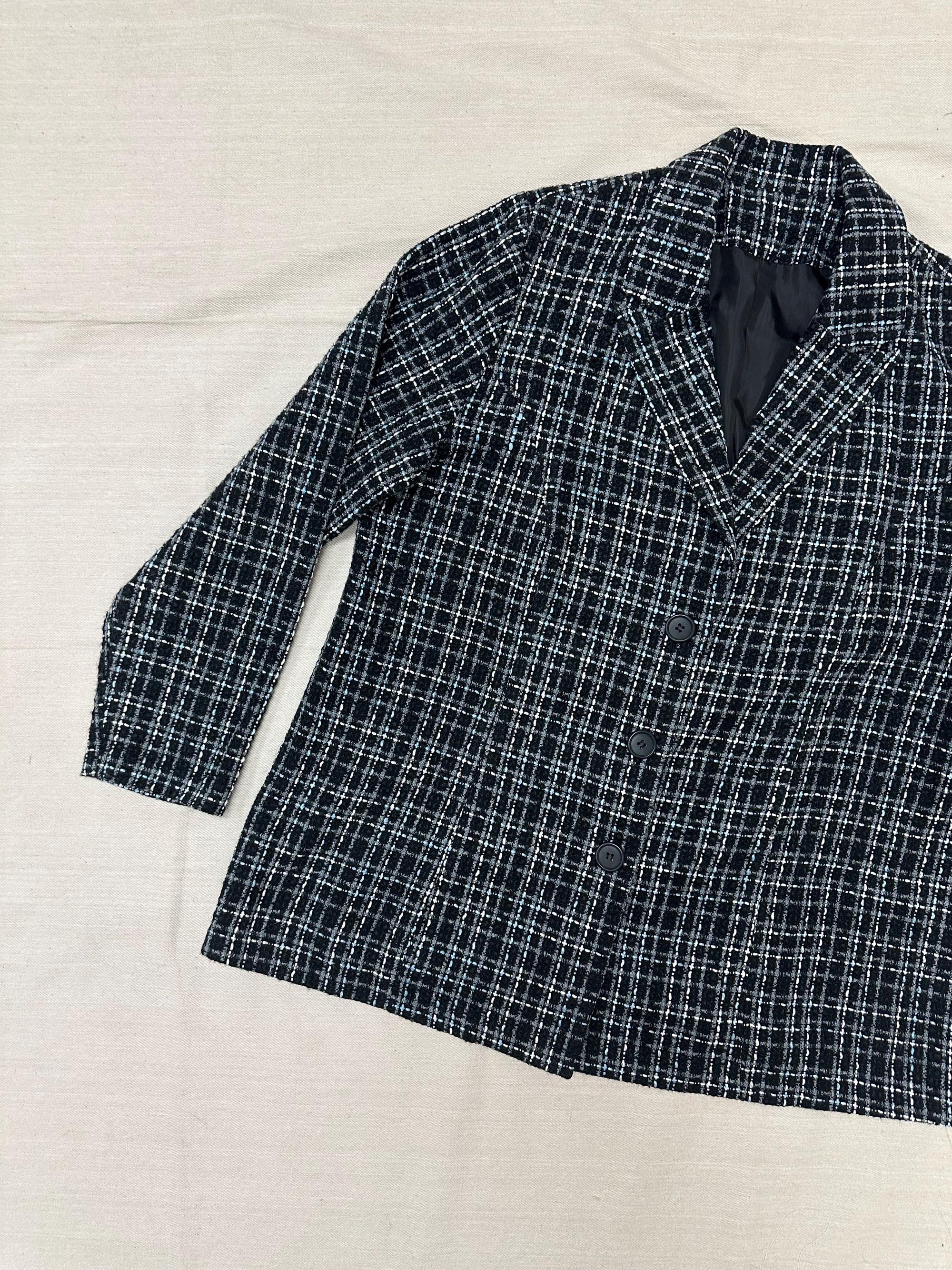 Vintage 90s Black Blue Gray Plaid Blazer | Size XL
