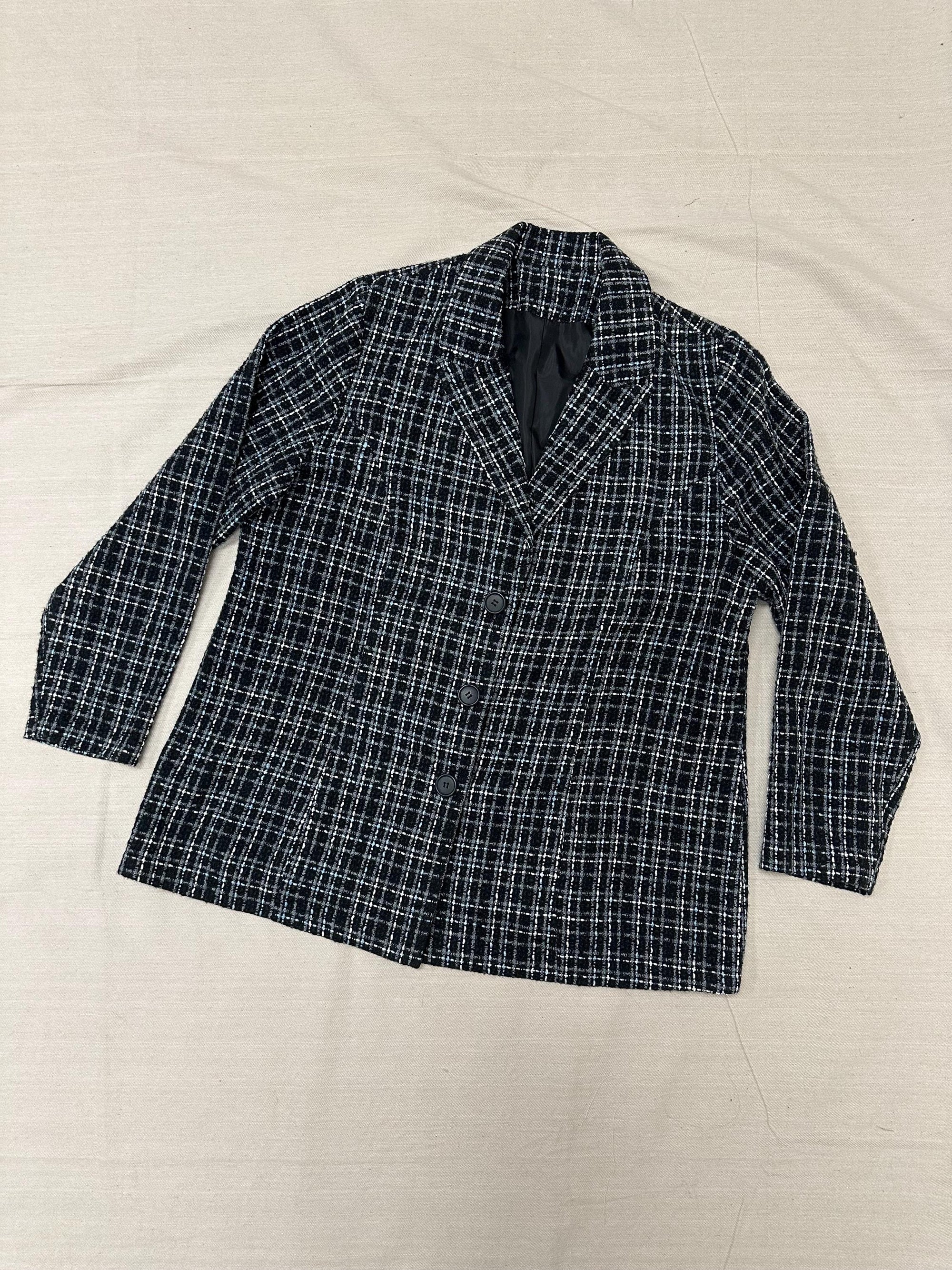 Vintage 90s Black Blue Gray Plaid Blazer | Size XL