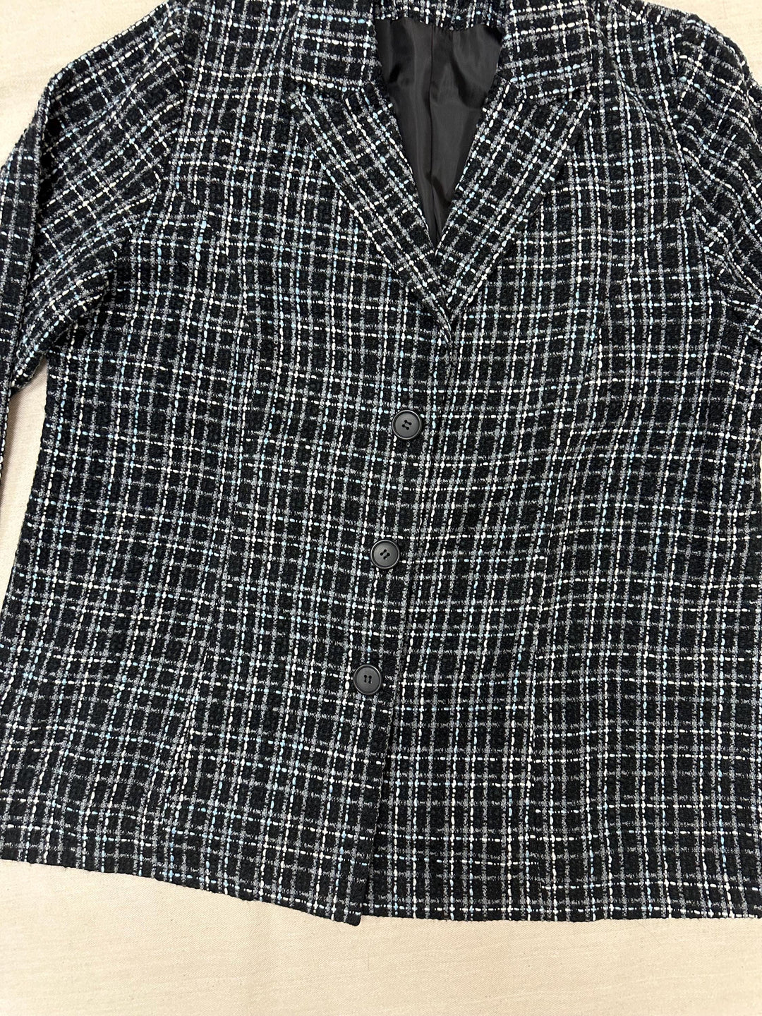 Vintage 90s Black Blue Gray Plaid Blazer | Size XL