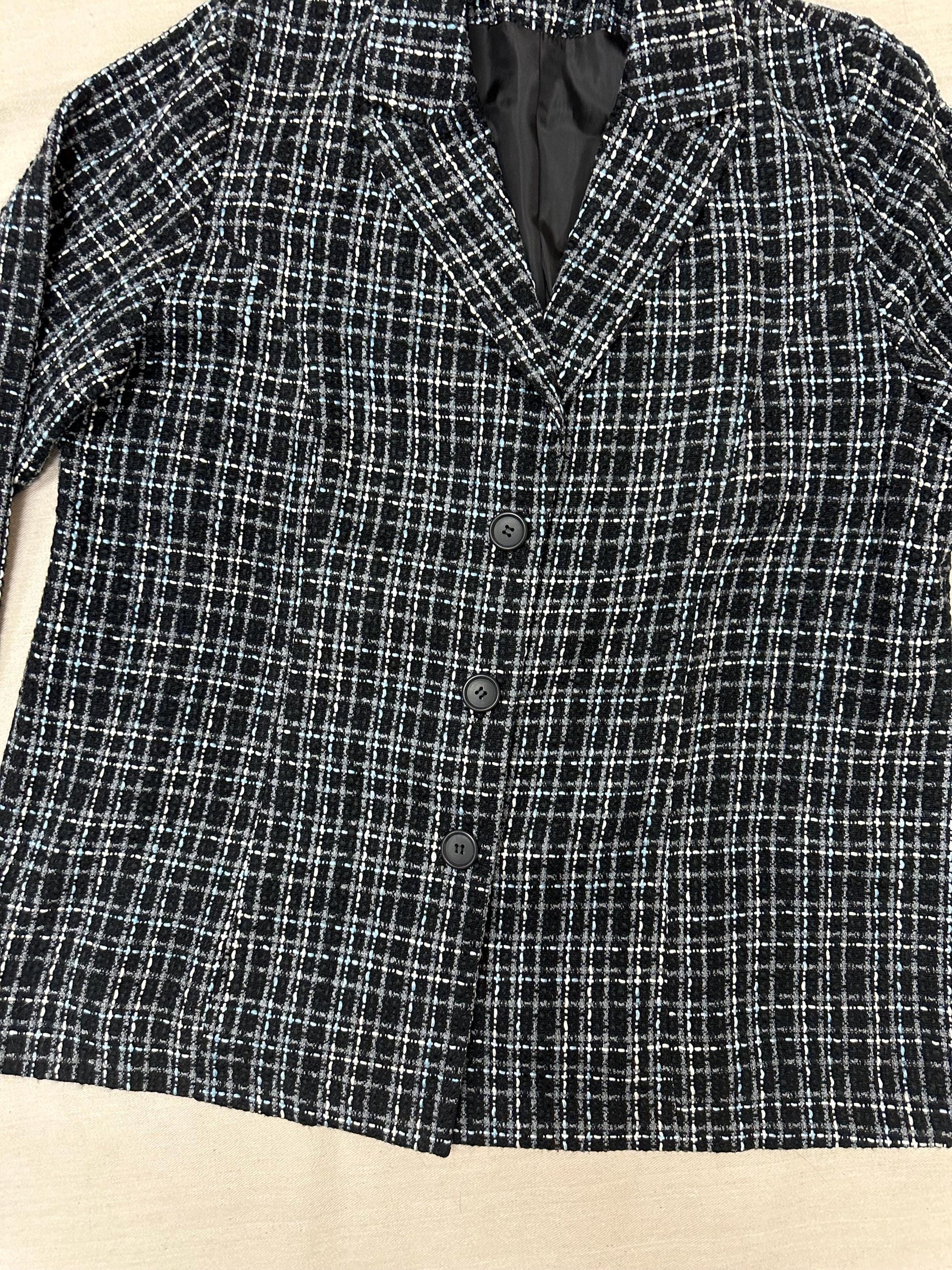 Vintage 90s Black Blue Gray Plaid Blazer | Size XL