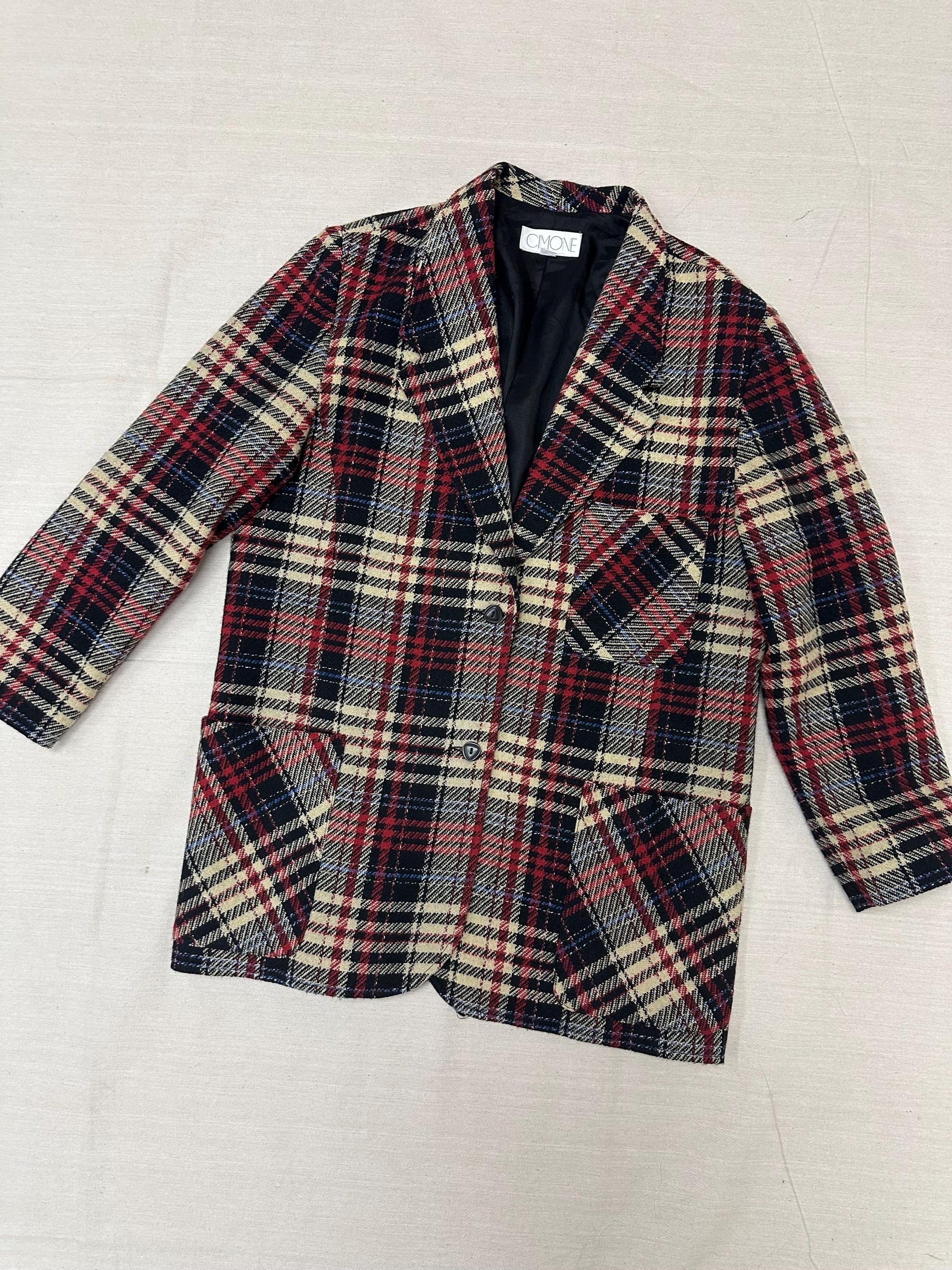 Vintage 90s Red Cream Plaid Blazer | Size Ladies Large