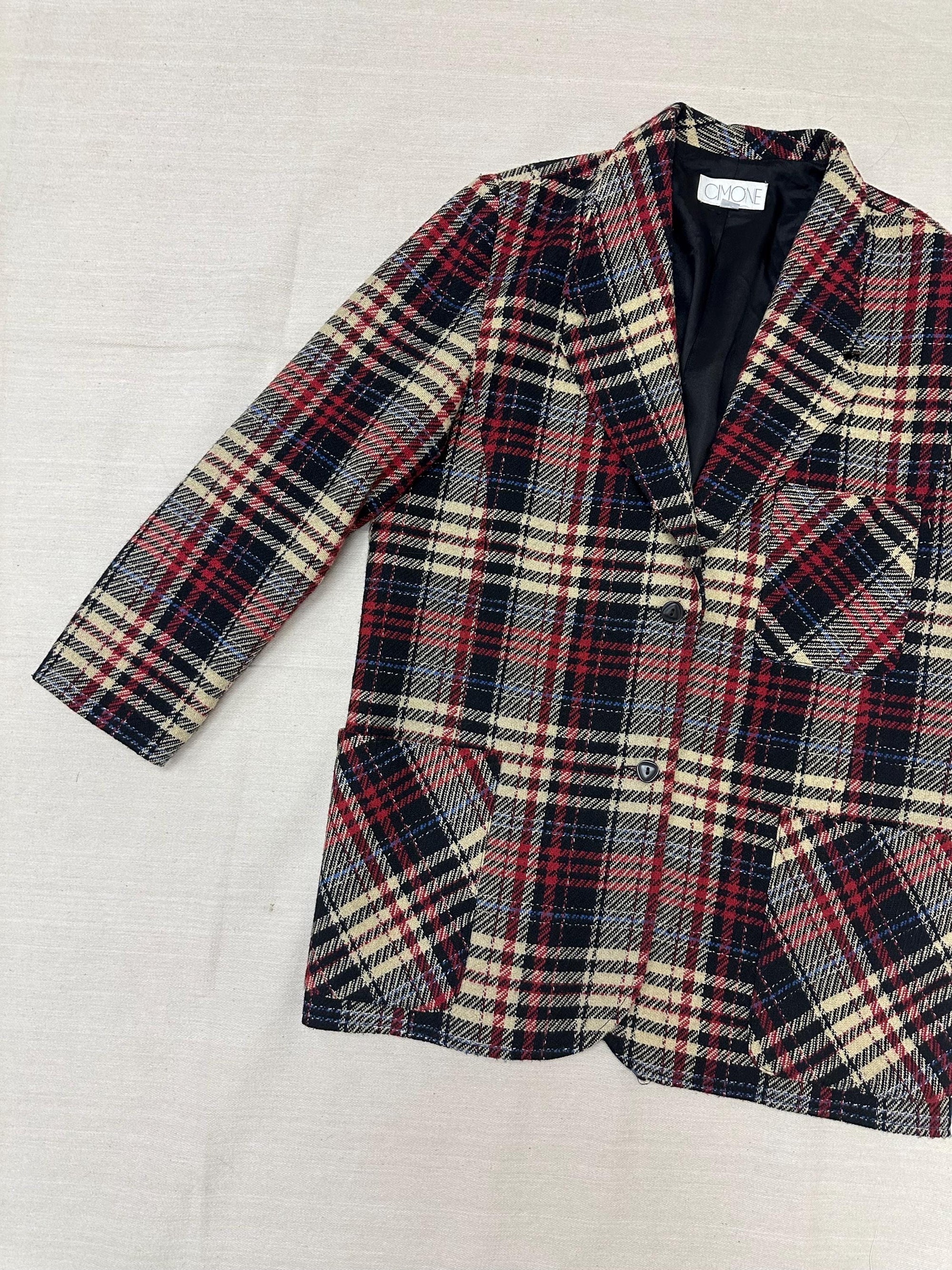Vintage 90s Red Cream Plaid Blazer | Size Ladies Large