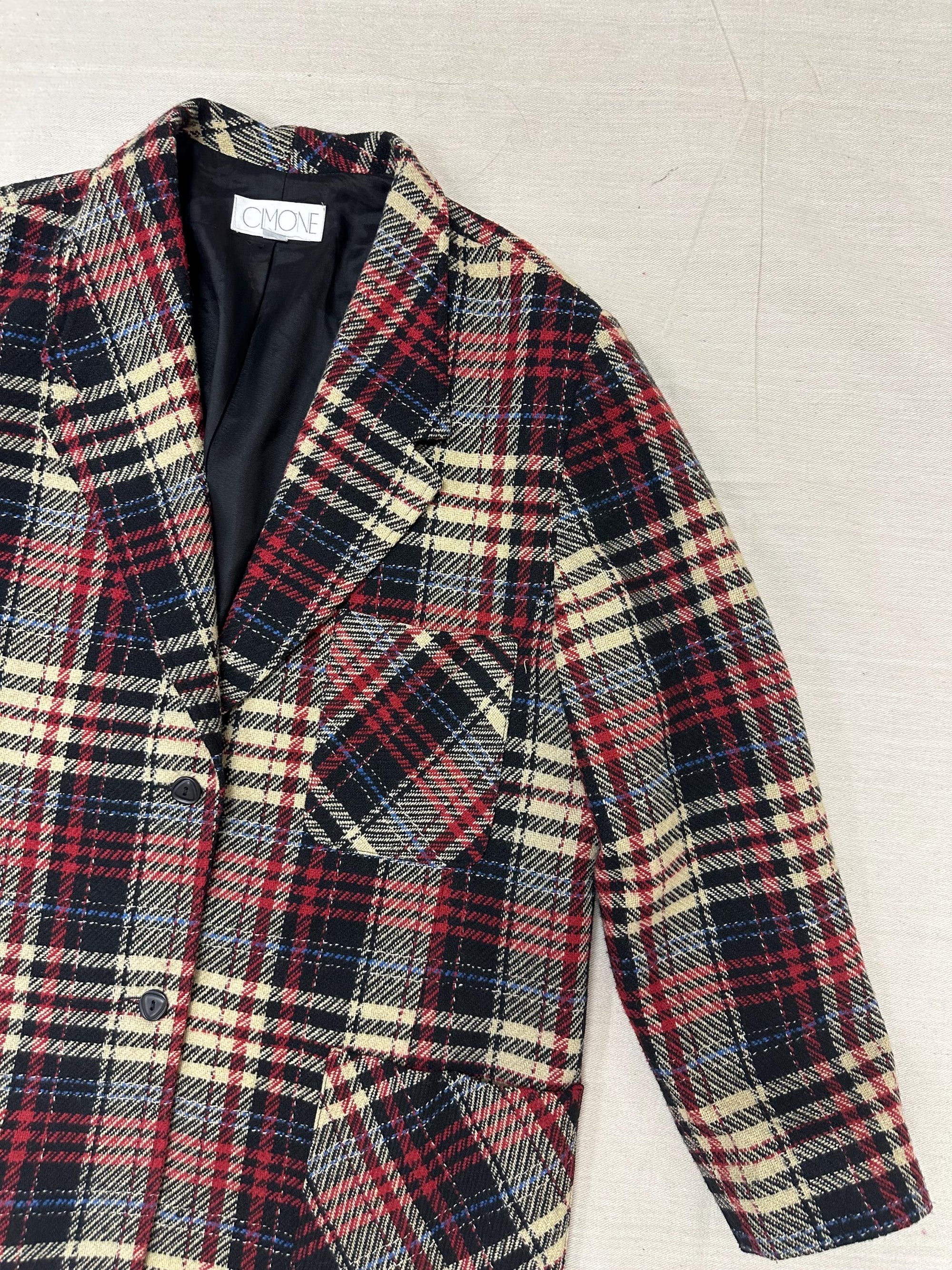 Vintage 90s Red Cream Plaid Blazer | Size Ladies Large