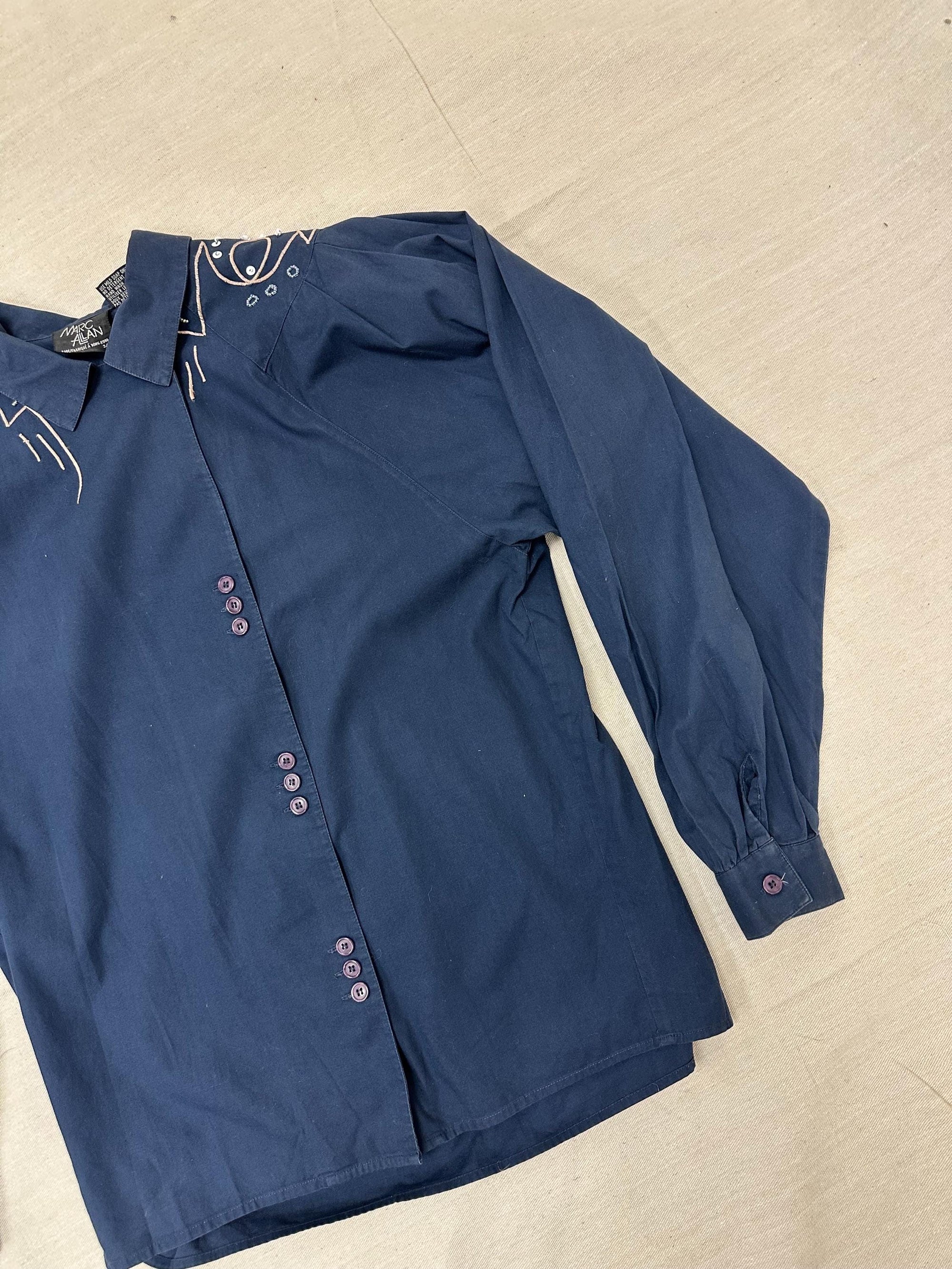 Vintage 80s Mark Allen Western Navy Embroidered Beaded Triple Button Up | Size Ladies Medium