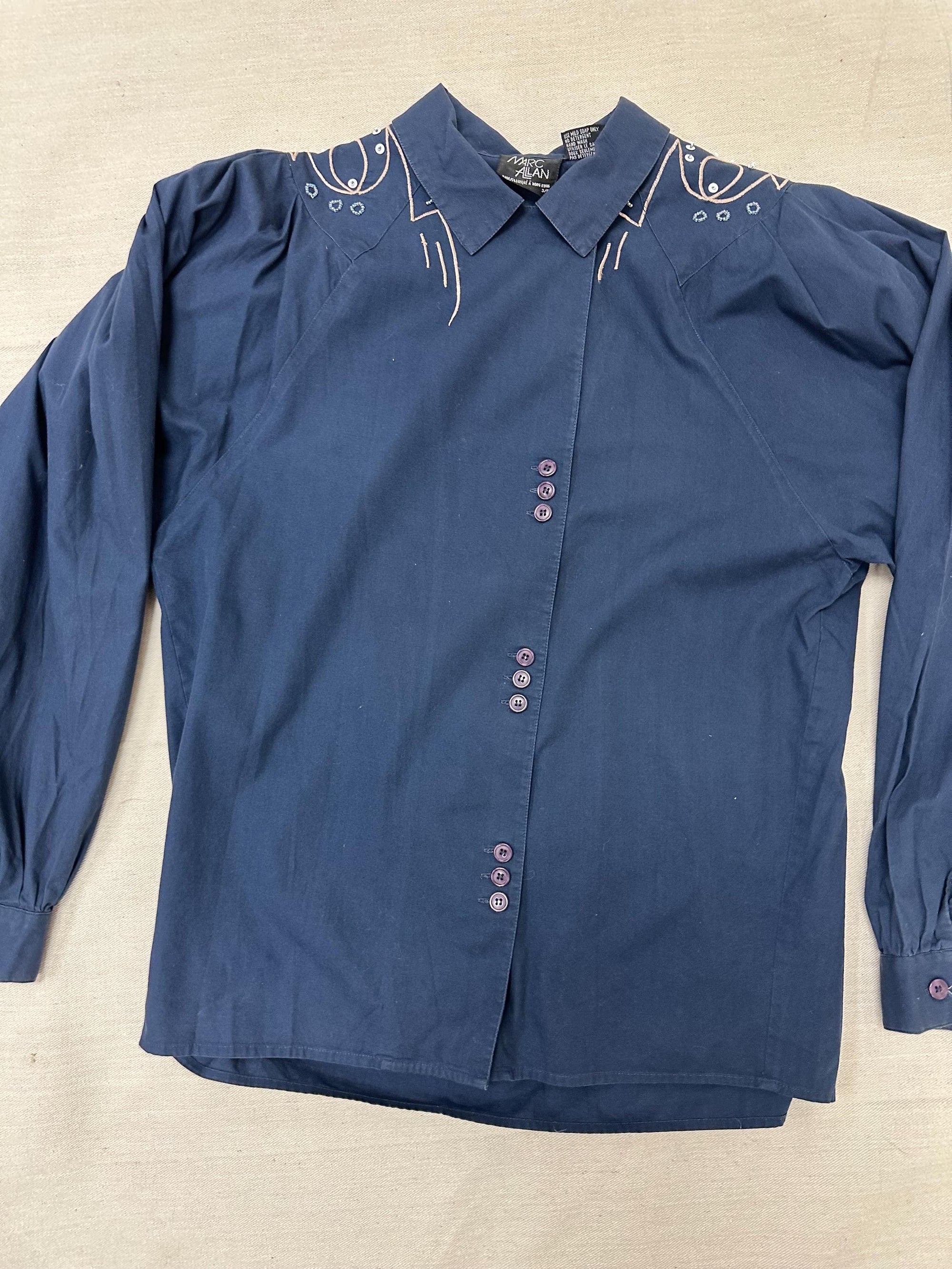 Vintage 80s Mark Allen Western Navy Embroidered Beaded Triple Button Up | Size Ladies Medium