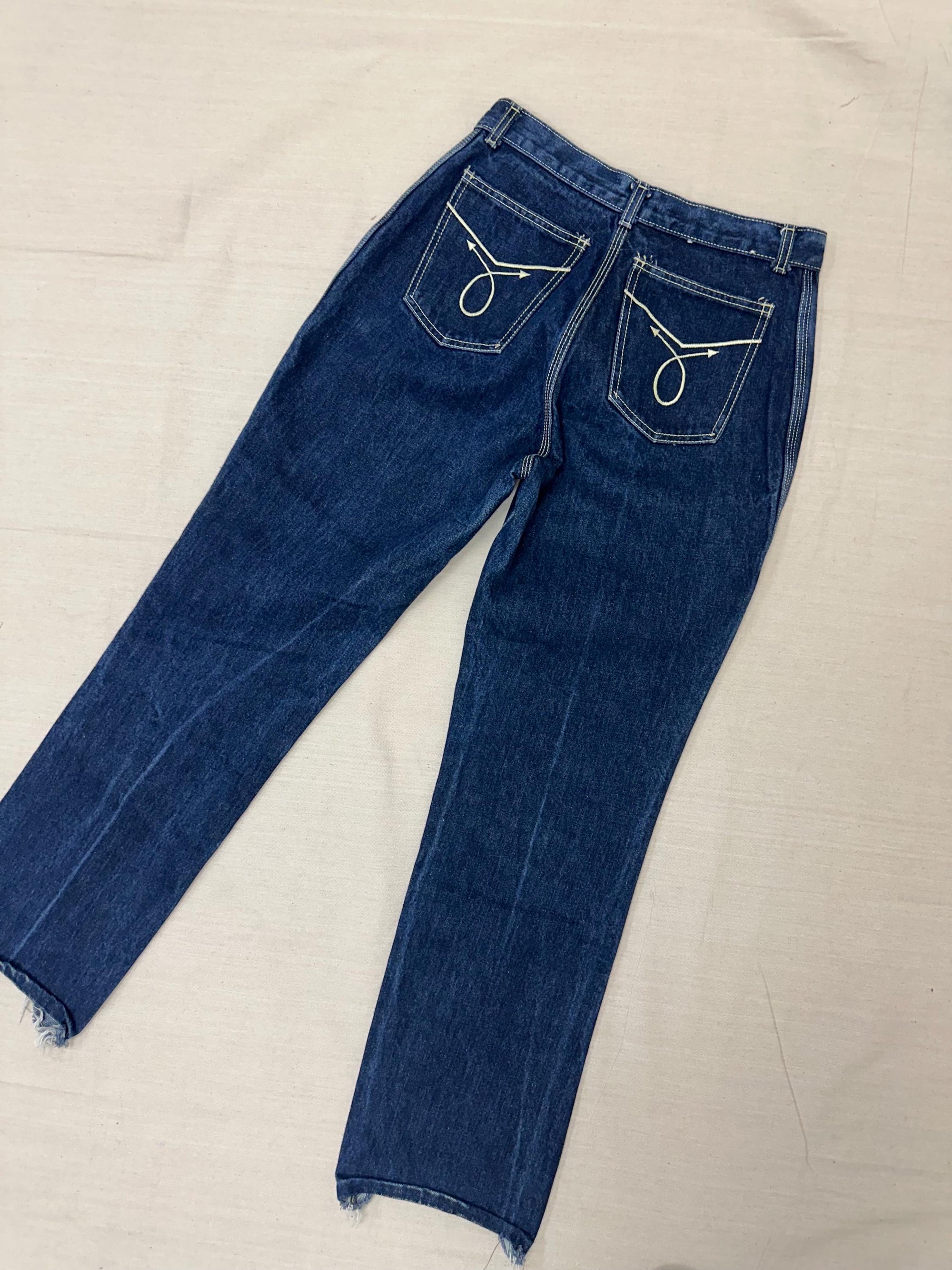 Vintage 70s High Waisted Dark Wash Triple White Stitch Western Jeans | Size Medium