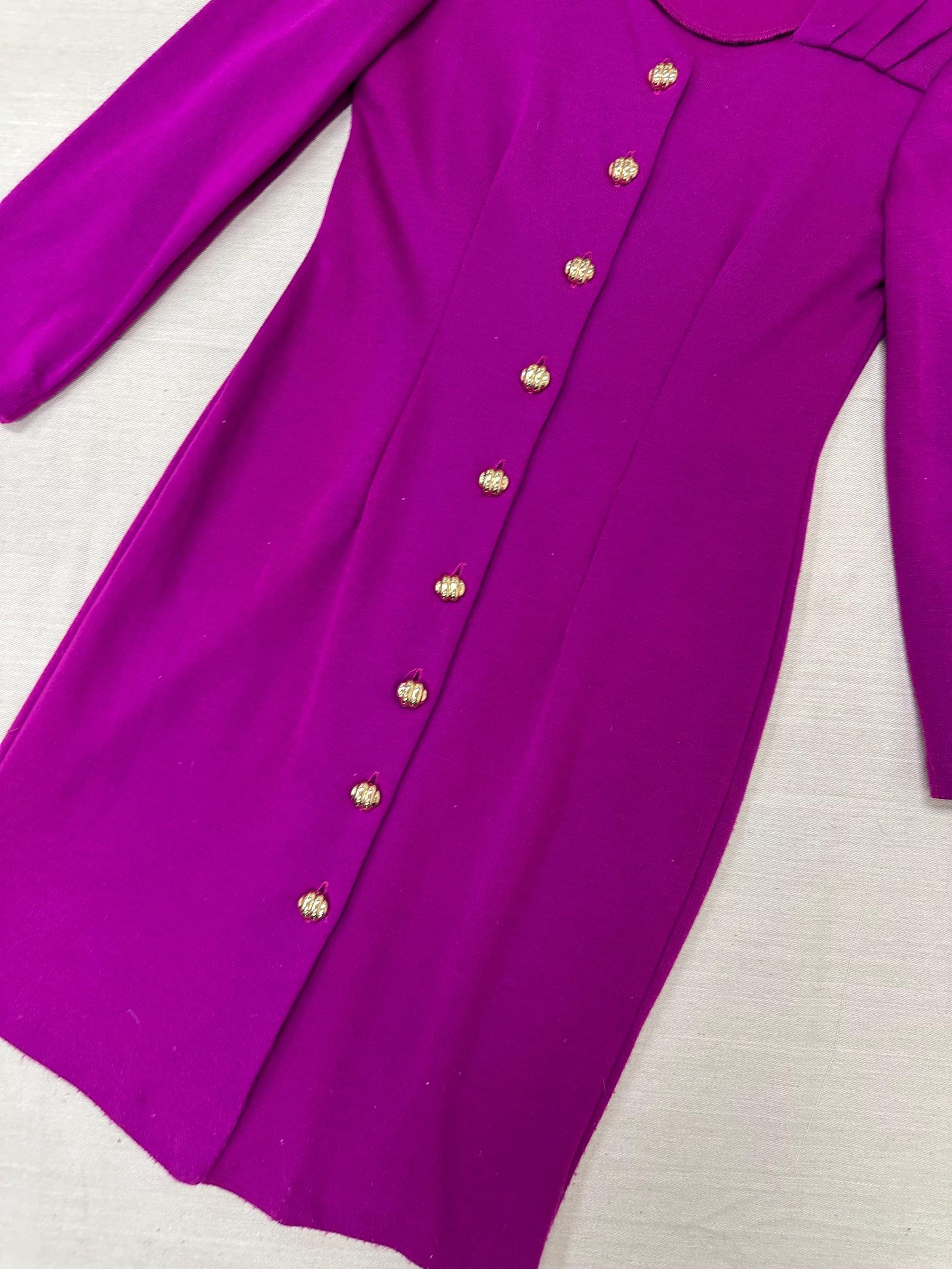 Vintage 80s Magenta Gold Button Up Bodycon Long Sleeve Dress | Size Large