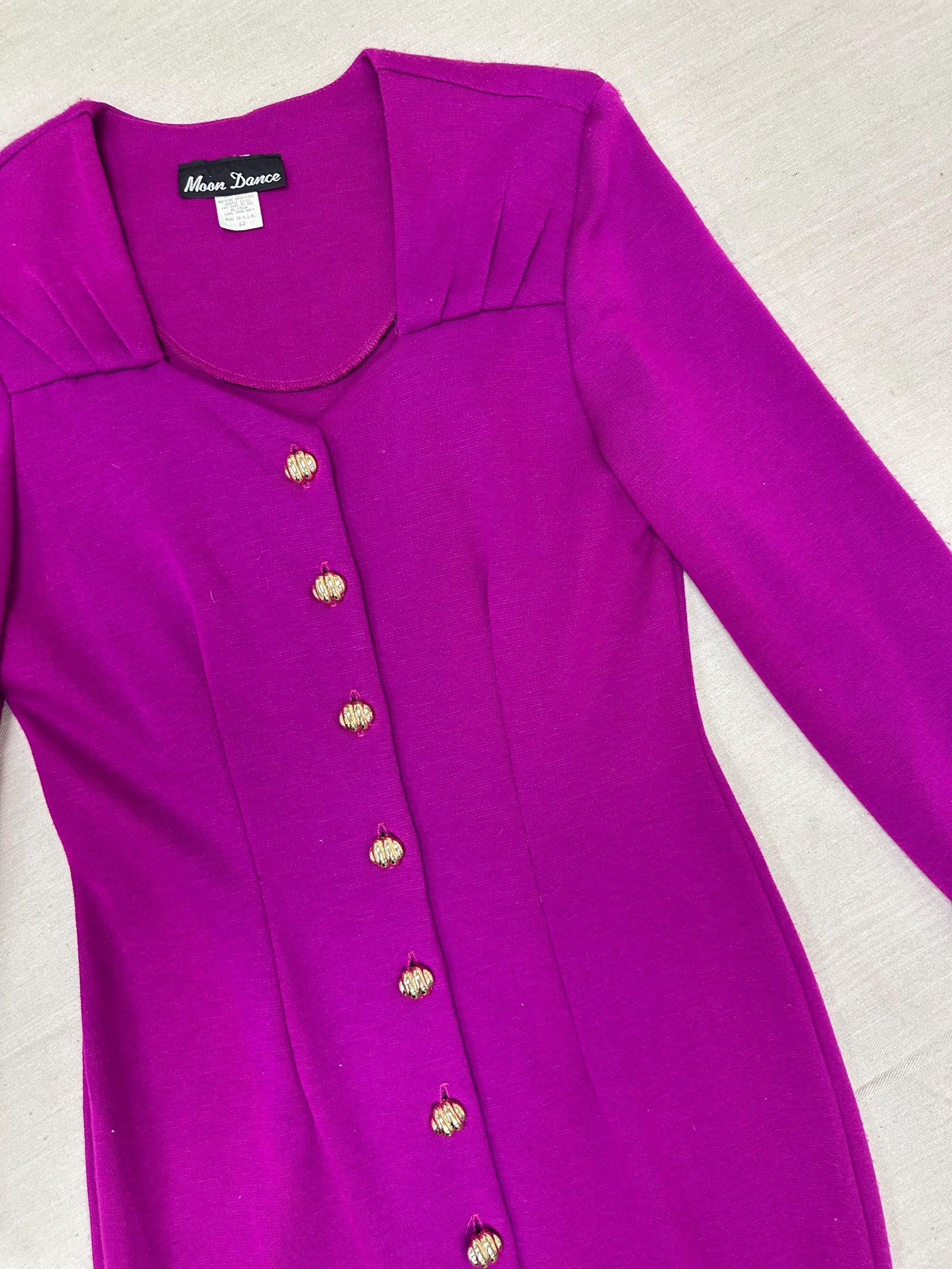 Vintage 80s Magenta Gold Button Up Bodycon Long Sleeve Dress | Size Large