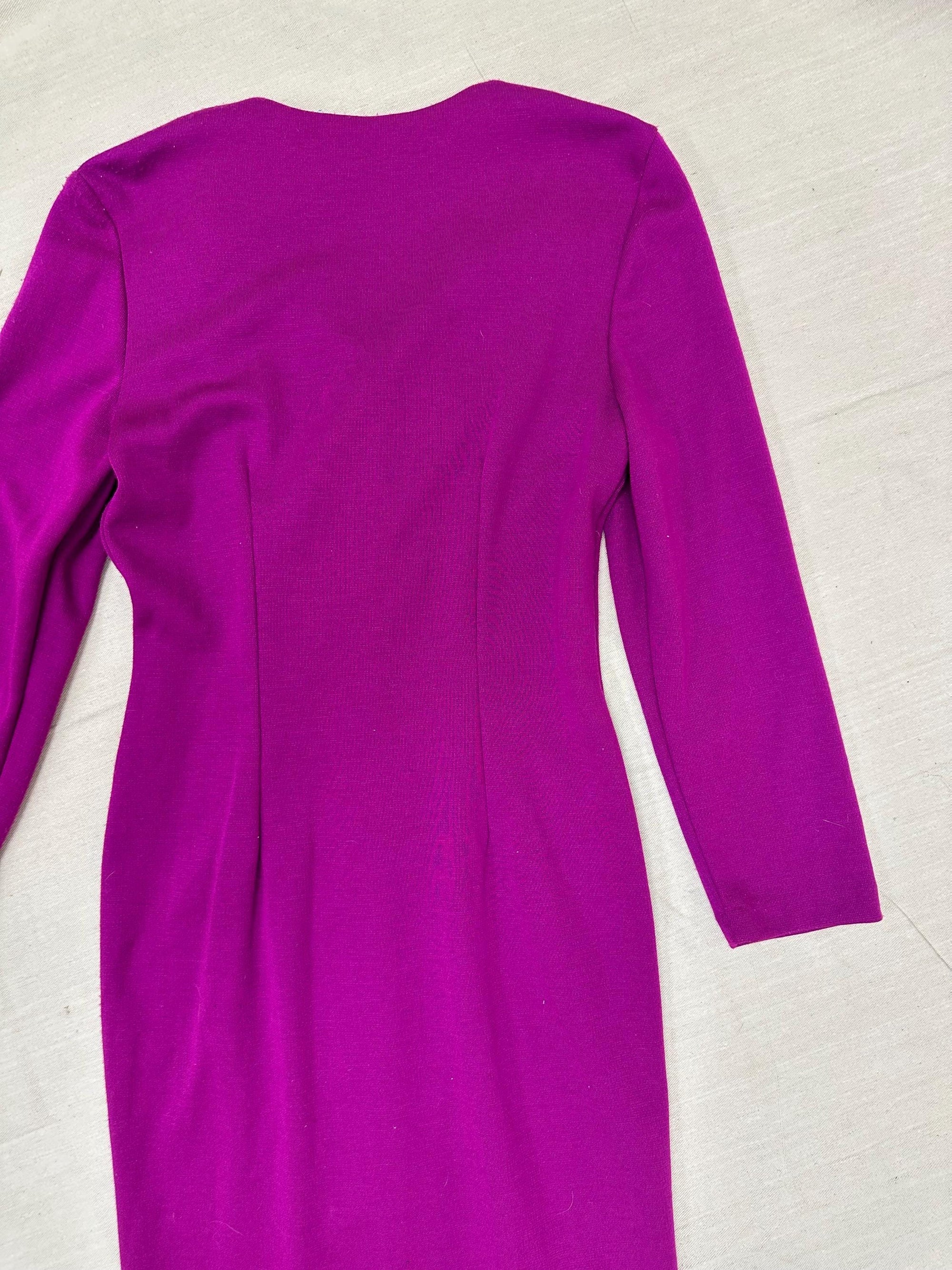 Vintage 80s Magenta Gold Button Up Bodycon Long Sleeve Dress | Size Large