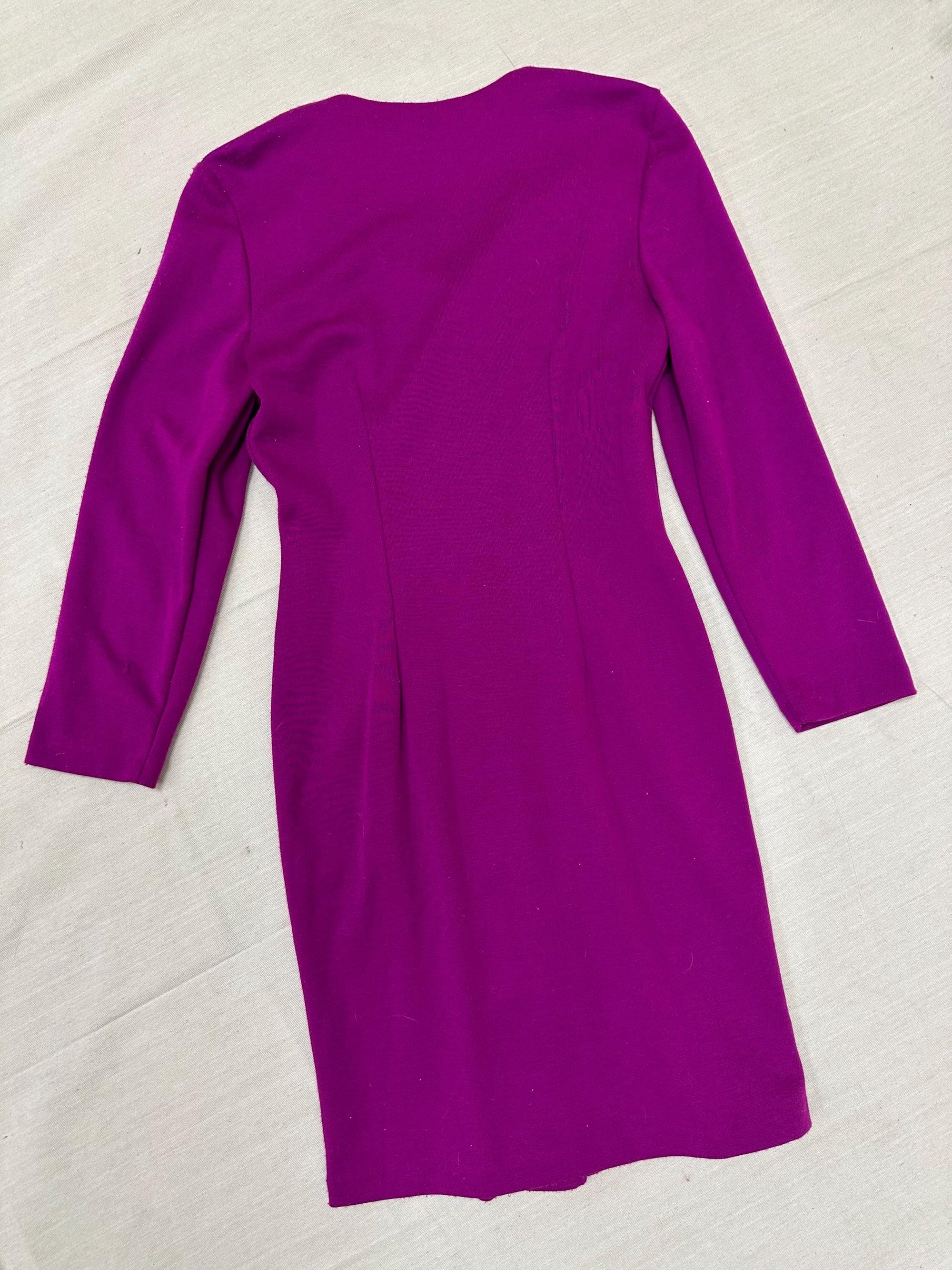 Vintage 80s Magenta Gold Button Up Bodycon Long Sleeve Dress | Size Large
