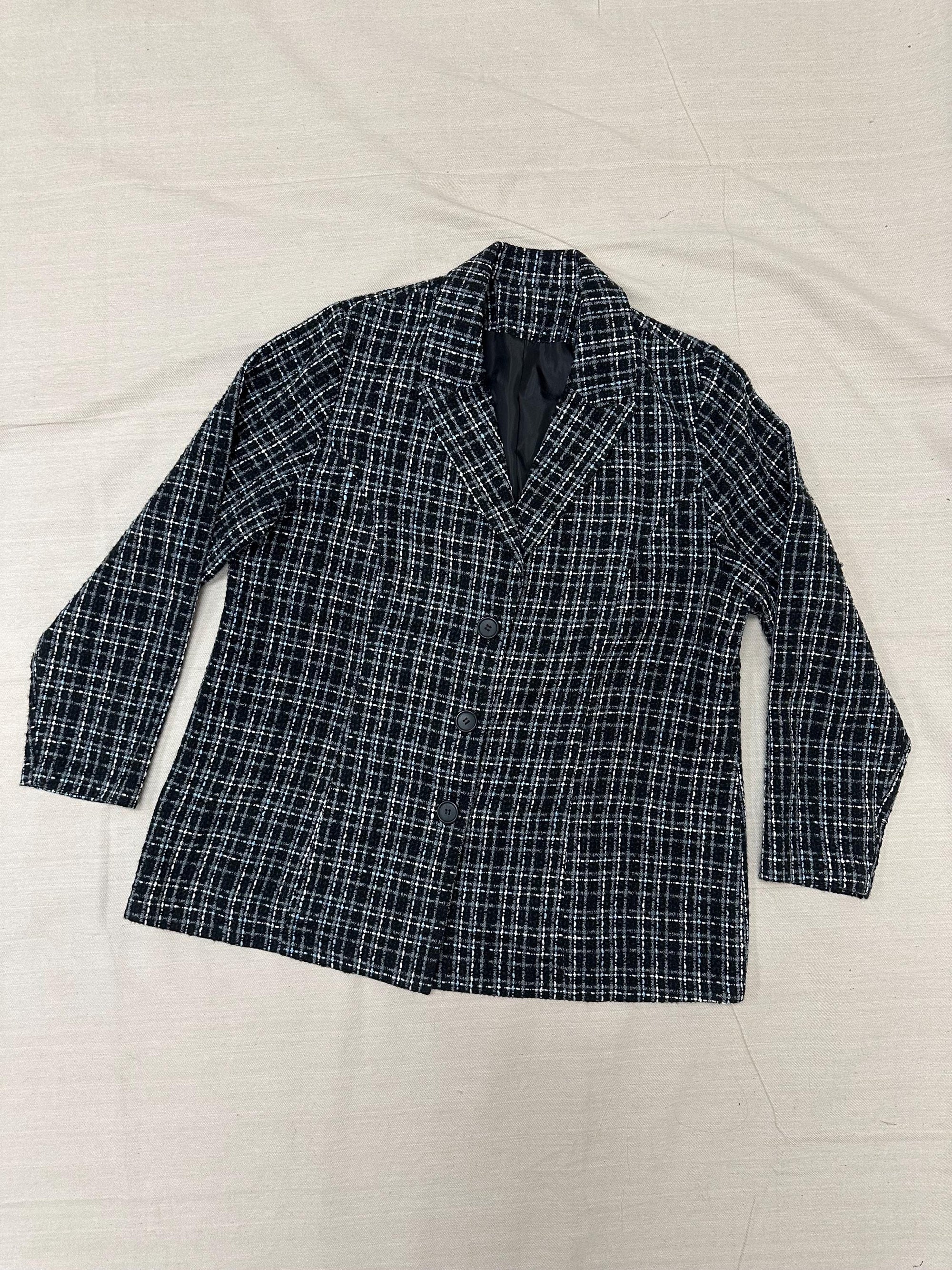 Vintage 90s Black Blue Gray Plaid Blazer | Size XL