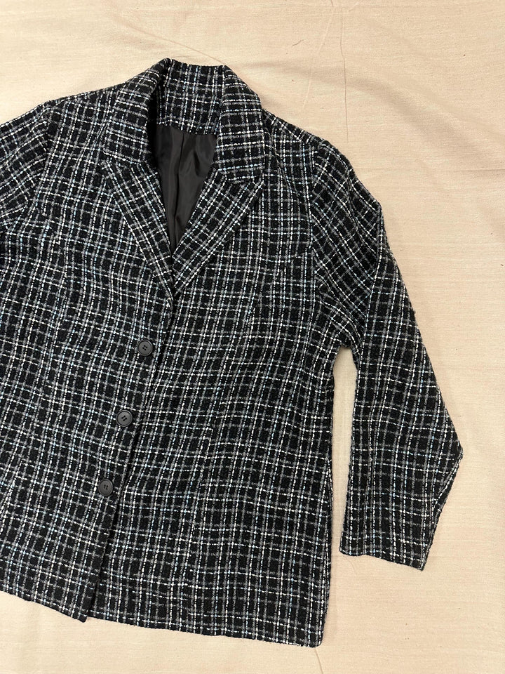 Vintage 90s Black Blue Gray Plaid Blazer | Size XL