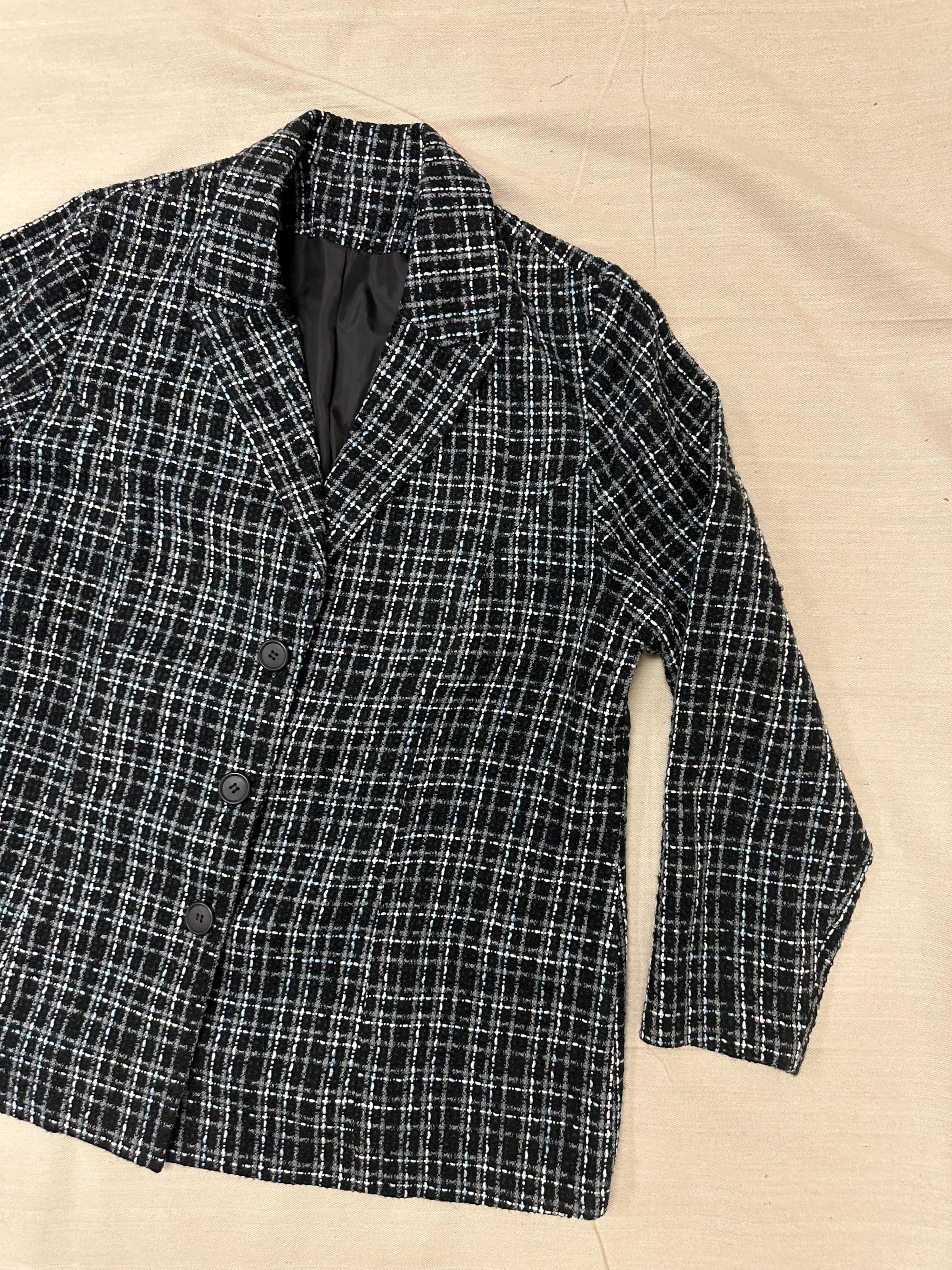 Vintage 90s Black Blue Gray Plaid Blazer | Size XL