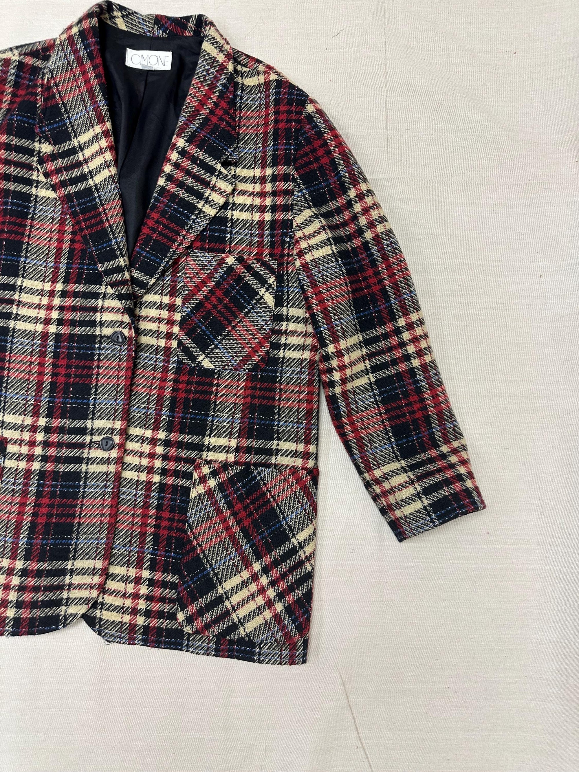 Vintage 90s Red Cream Plaid Blazer | Size Ladies Large