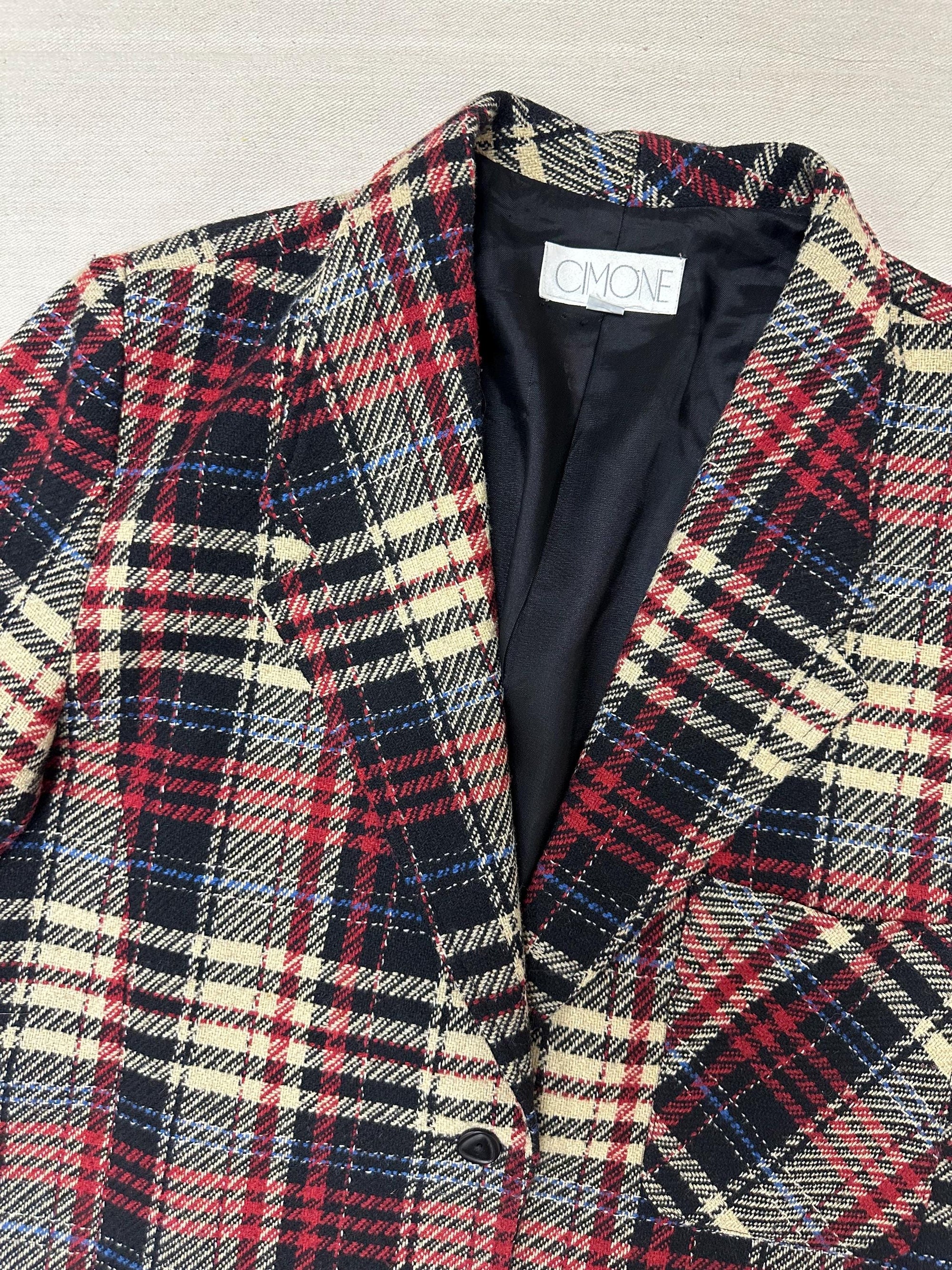 Vintage 90s Red Cream Plaid Blazer | Size Ladies Large