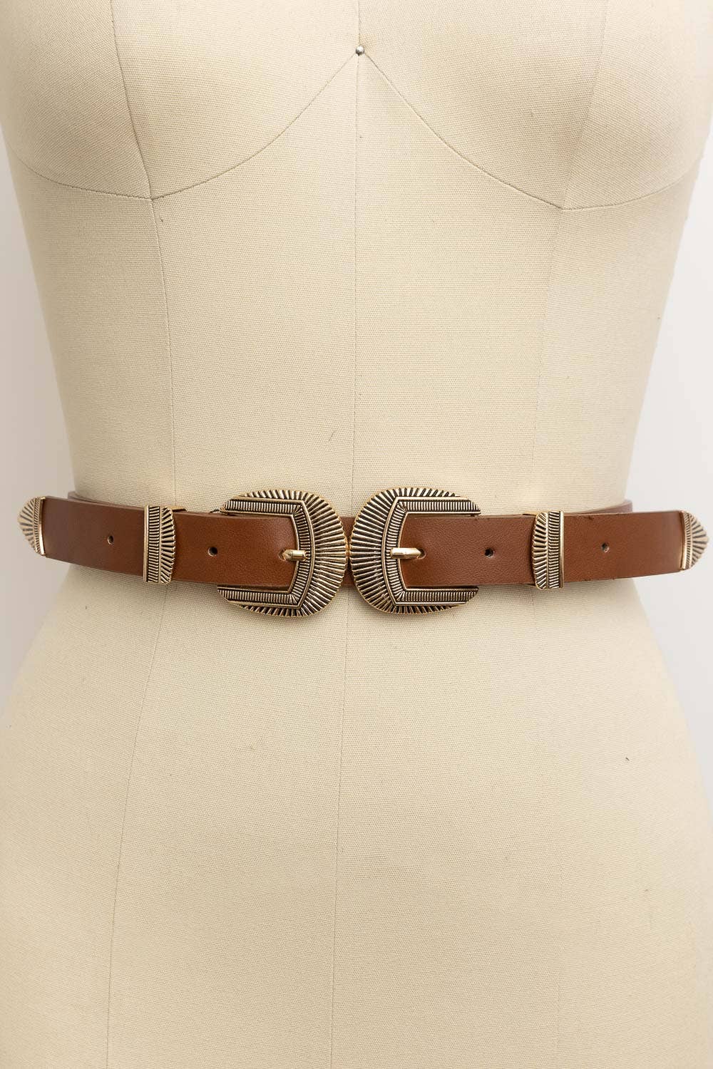 Double Buckle Faux Leather Western Style Belt: Black