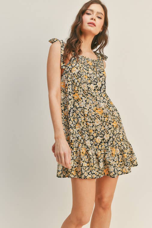 Black Mango Floral Tie Up Dress