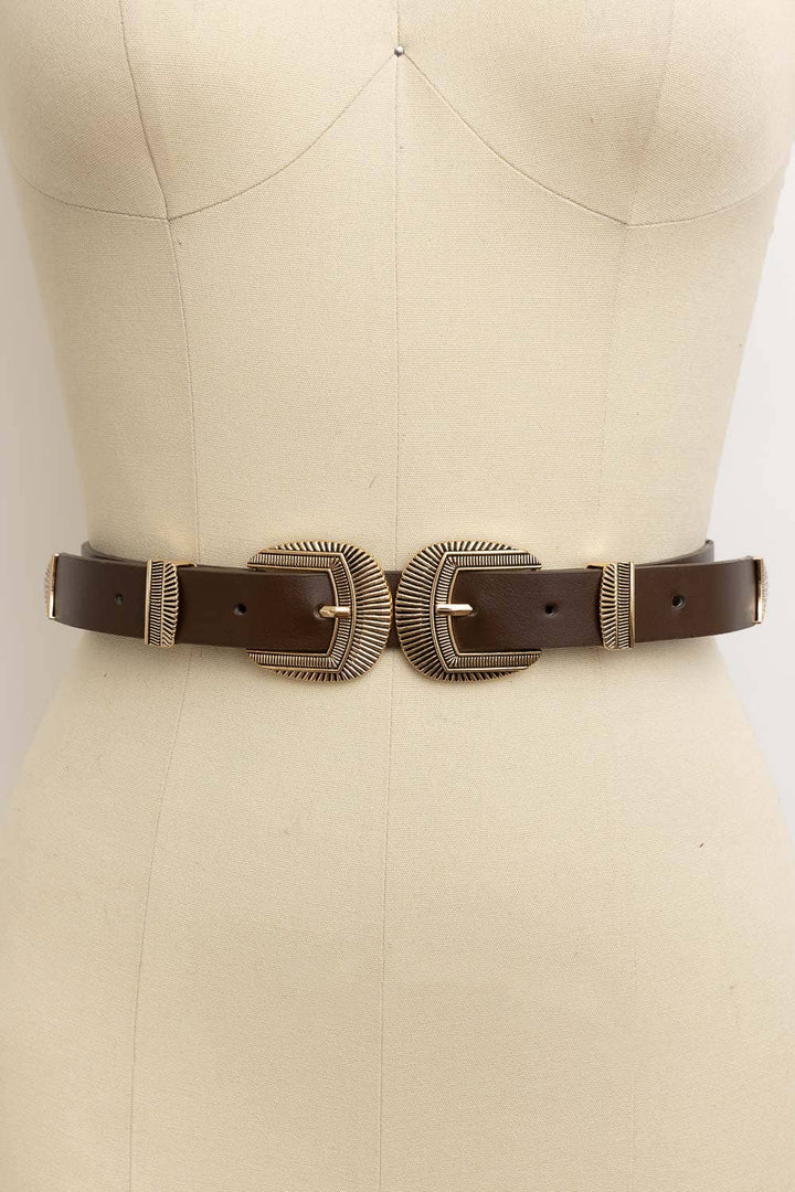 Double Buckle Faux Leather Western Style Belt: Black