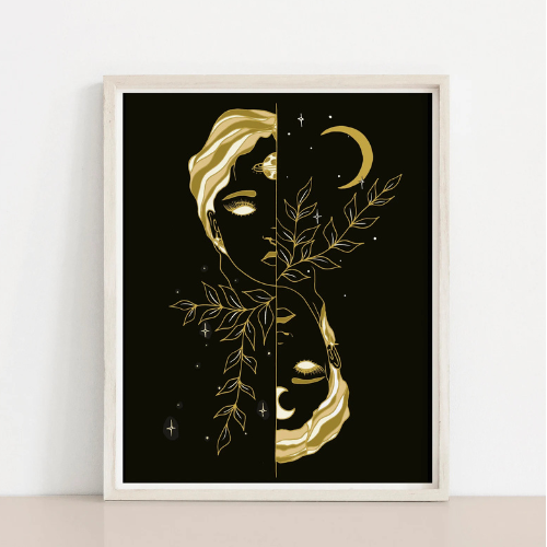 Dream Black | Floral Celestial Women Moon Art Print